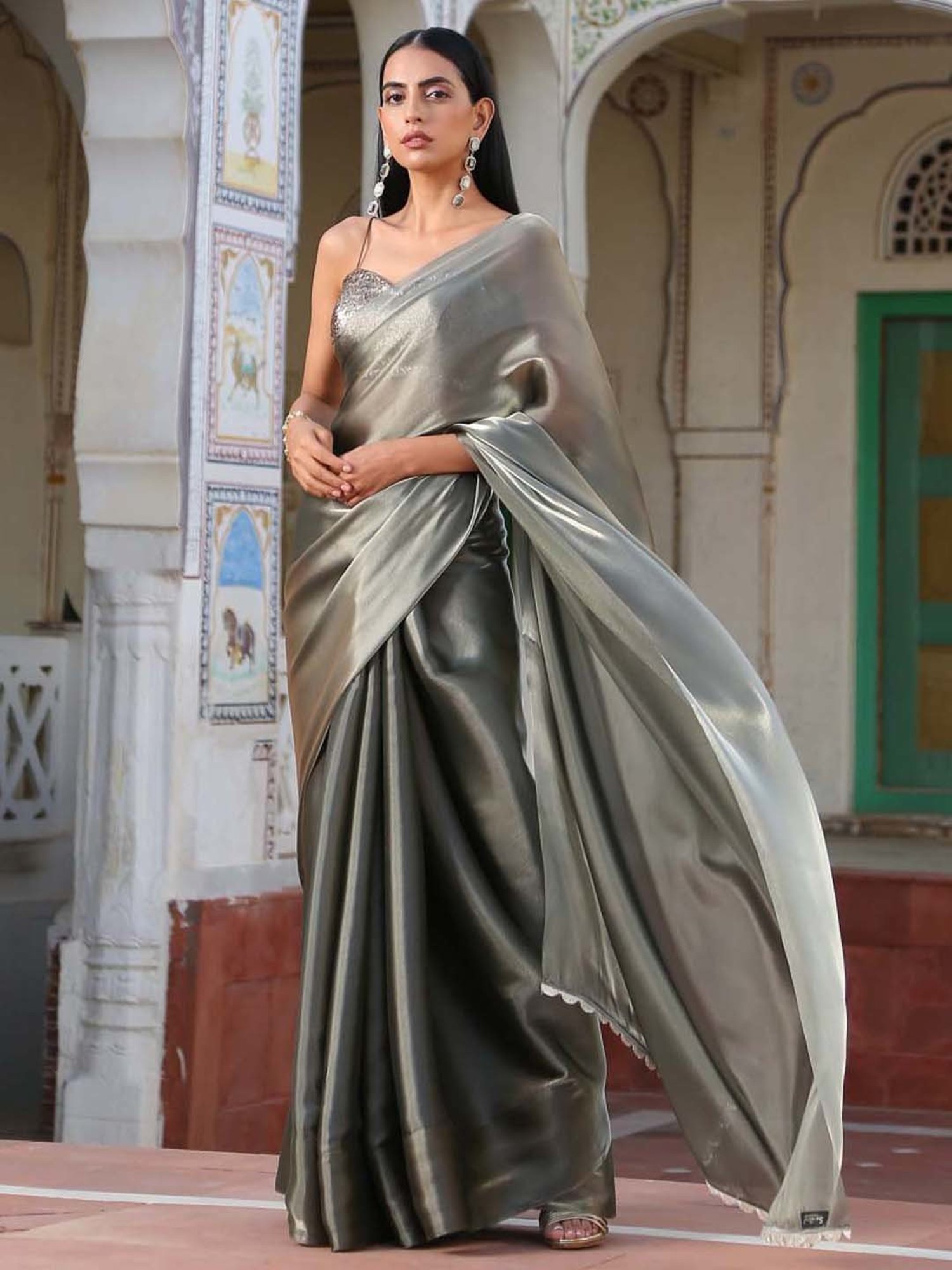 Swtantra Grey & Golden Organza Saree