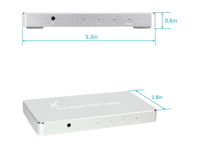XtremPro 64301KA 3x1 HDMI Aluminum 4K2K 3D /60Hz 3 In 1 Out Switch w/IR Wireless Remote control, AC Power Adapter 100 ~ 240V, Supports HDCP, LPCM, DTS, 3D All Format - Silver