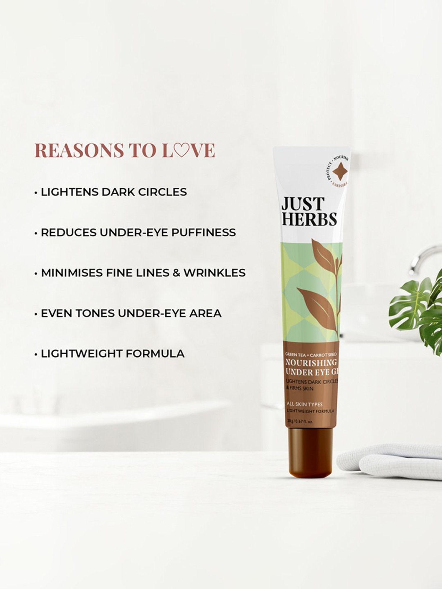 JUST HERBS Green Tea + Carrot Seed Nourishing Under Eye Gel - 20 gm