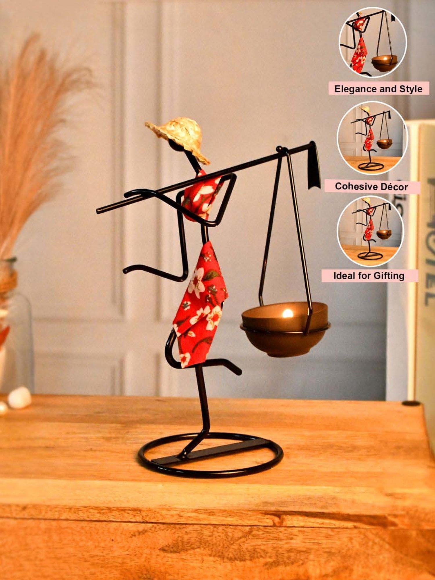 Tayhaa Black & Red Iron Metal Lady Elegant Candle Holder