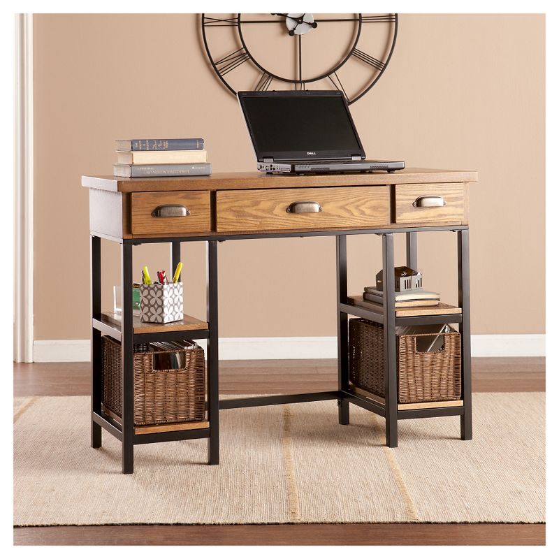 Sabrina Desk Weathered Gray/Natural Brown/Black with Brushed Silver Pulls - Aiden Lane