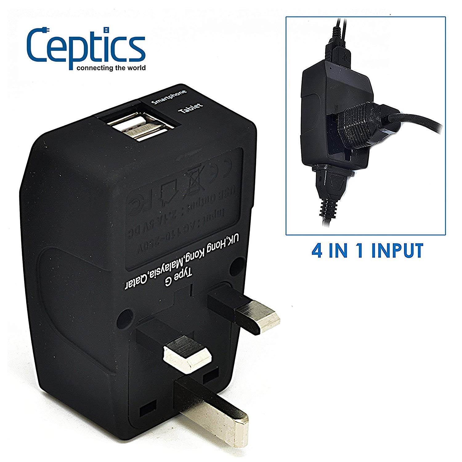Ceptics 2 USB UK, Hong Kong, Ireland, UAE Travel Adapter - 4 in 1 Power Plug (Type G), Universal Socket Plug accepts Plugs from any country, Perfect for Cell Phones, Laptops, Chargers and More (GP4-7)