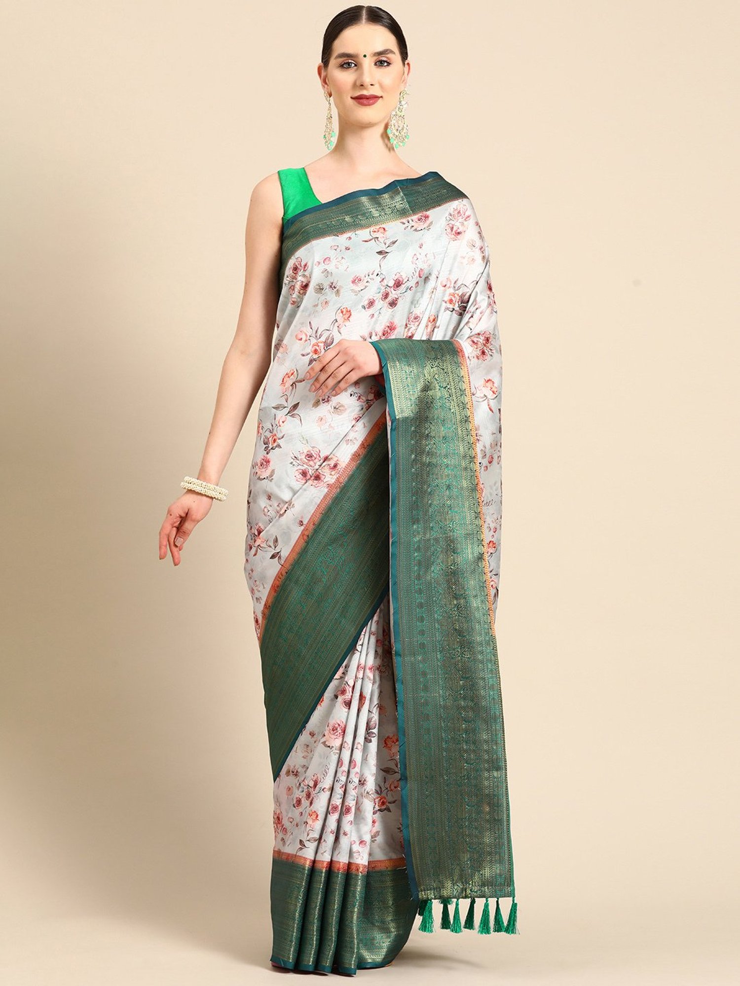 Silk Land Grey Silk Floral Saree With Unstitched Blouse