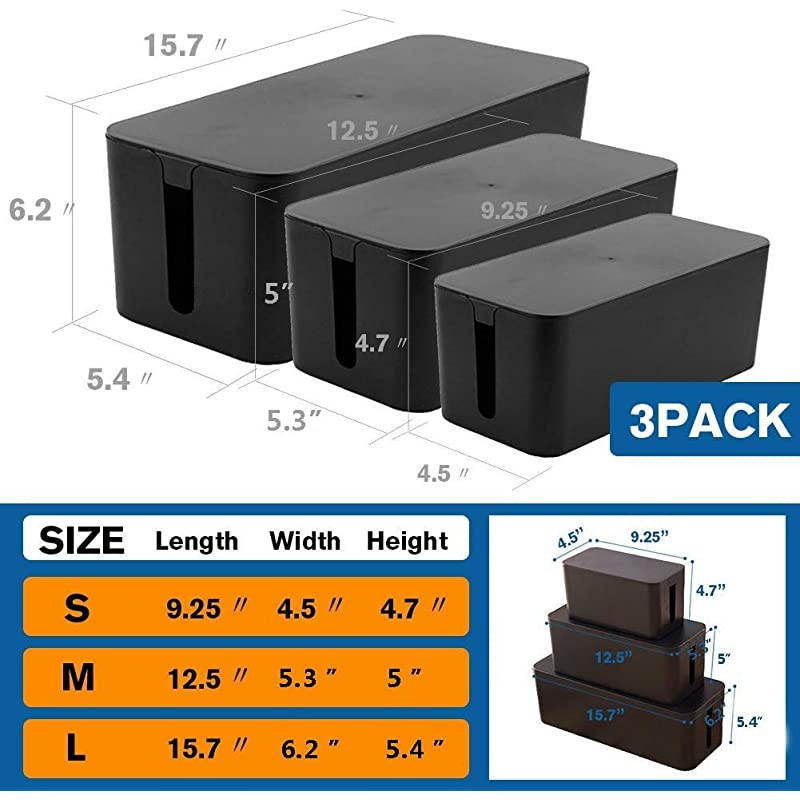 of Three Cable Management Boxes Organizer Large Storage Wires Keeper Holder for Desk TV Computer USB Hub System to Cover and Hide amp Power Strips amp Cords Black