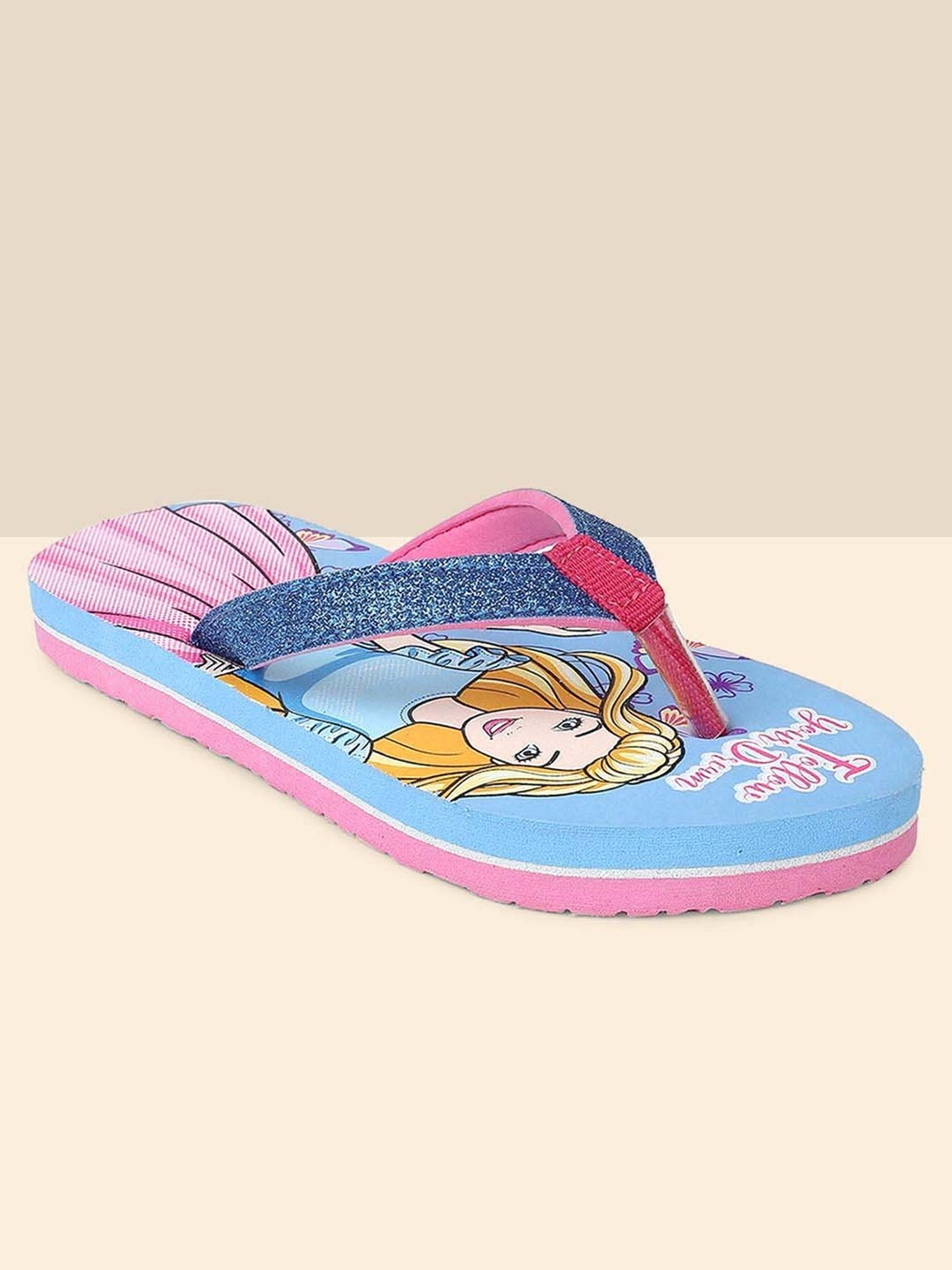 Kidsville Barbie Printed Sky Blue & Pink Flip Flops