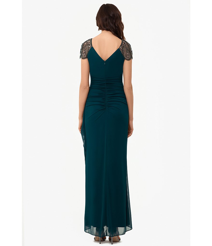 Xscape V-Neck Ruched Back Illusion Beaded Short Sleeve Asymmetrical Gown