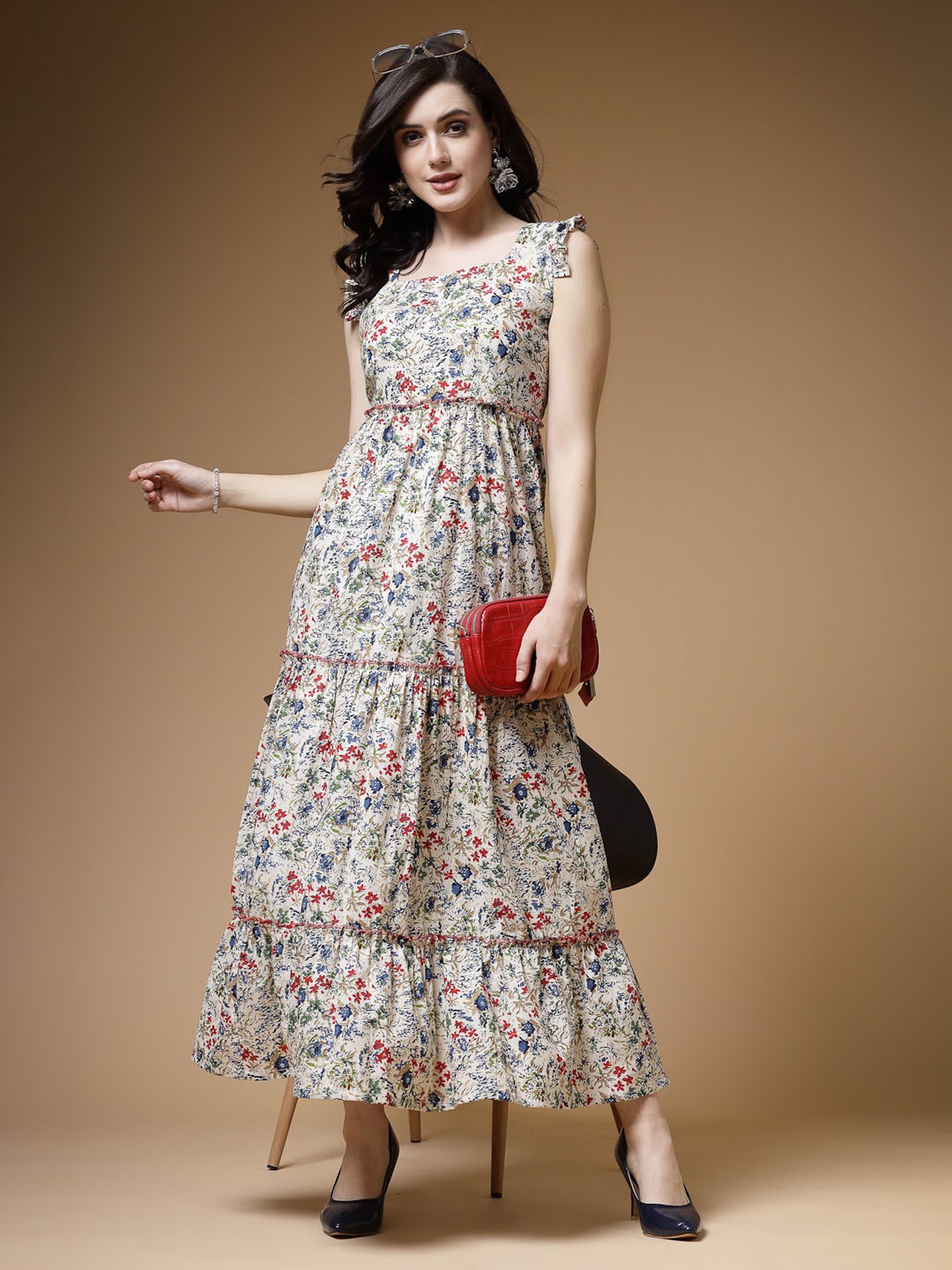 Indibelle Beige Cotton Floral Ethnic Dress