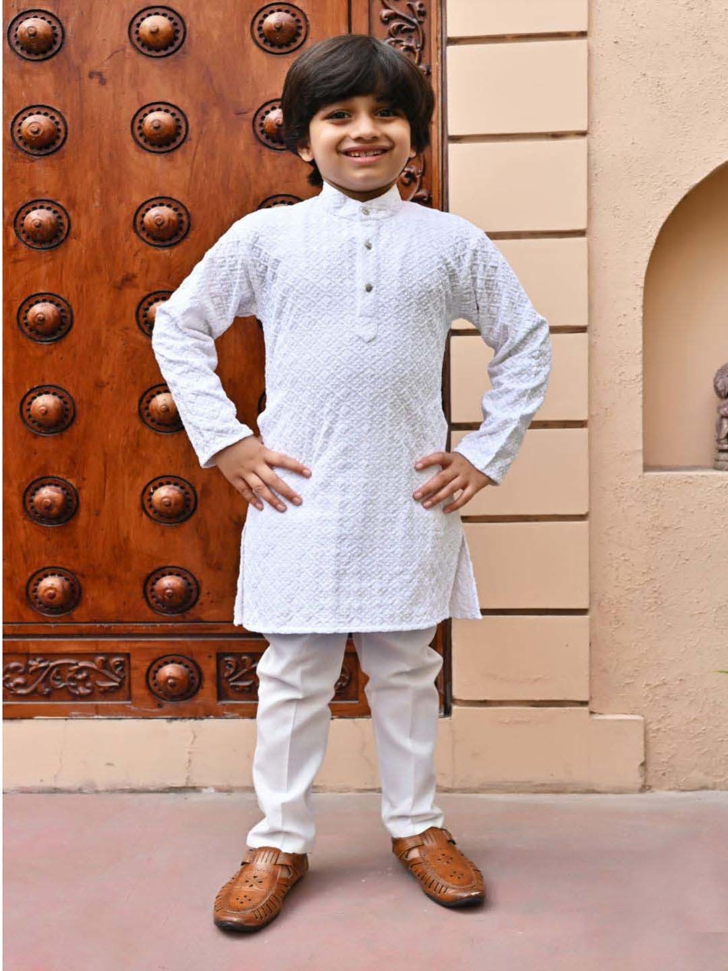 Ahhaaaa Kids Blue & White Cotton Embroidered Full Sleeves Kurta Set