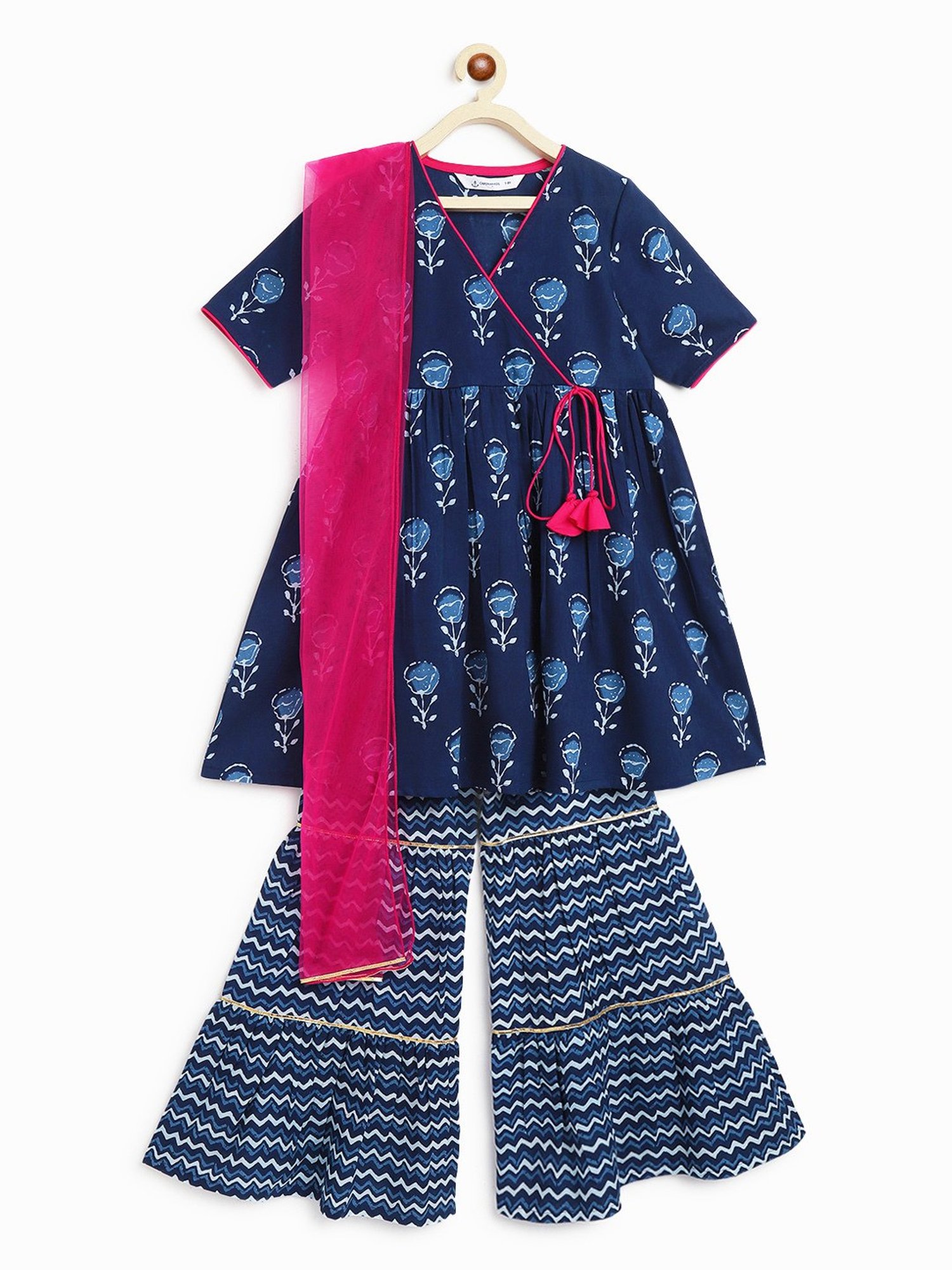 Campana Kids Navy & Pink Floral Print Kurta, Sharara with Dupatta