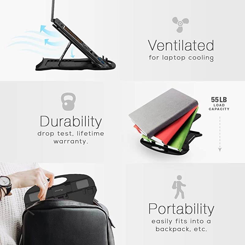 Laptop Stand Patented Riser Ventilated Portable Foldable Swivel Compatible with MacBook Notebook Tablet Tray Desk Table Book with Free Phone Stand and Cable Clip