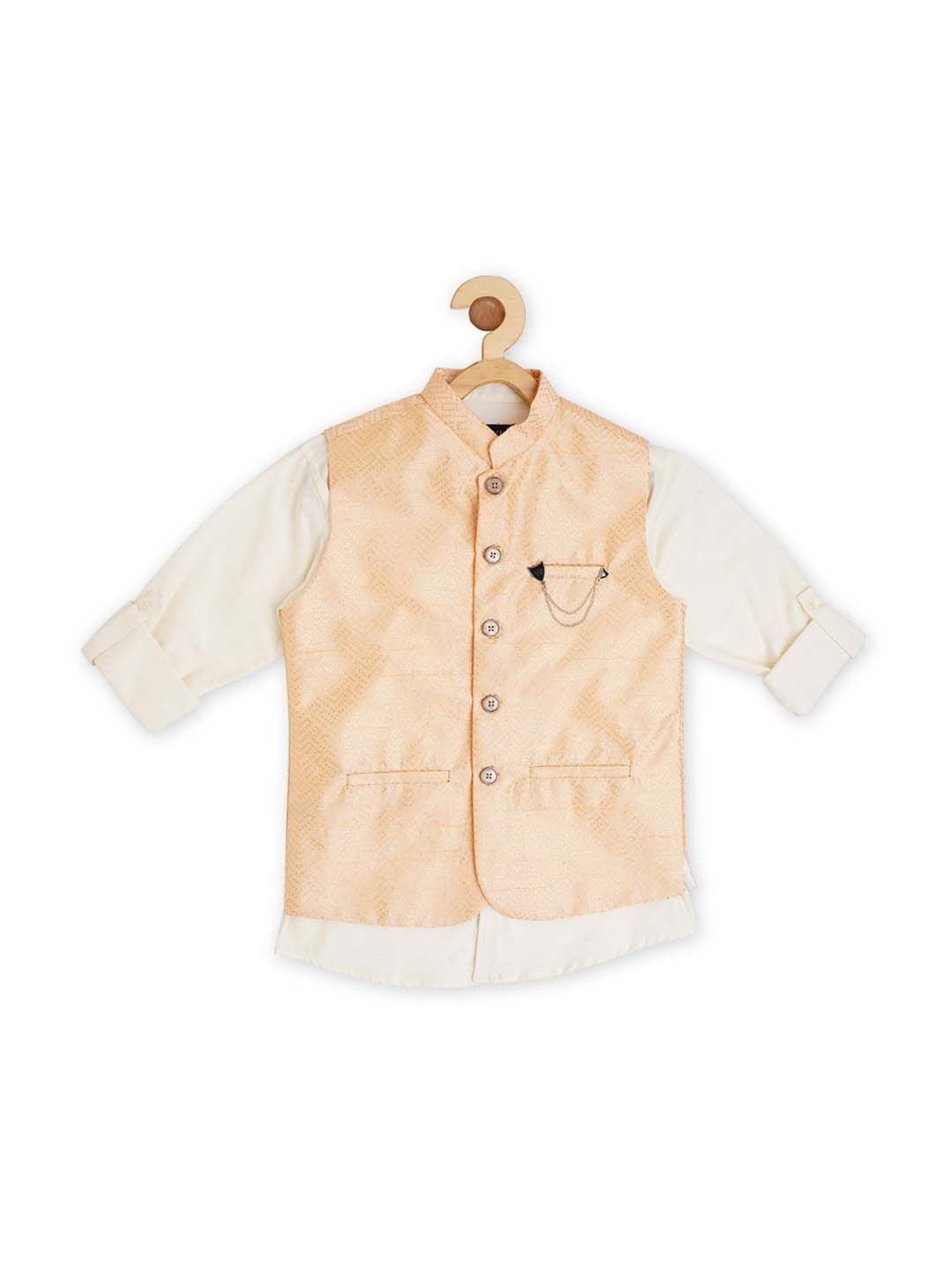 Cavio Kids Peach & White Cotton Embellished Shirt Set