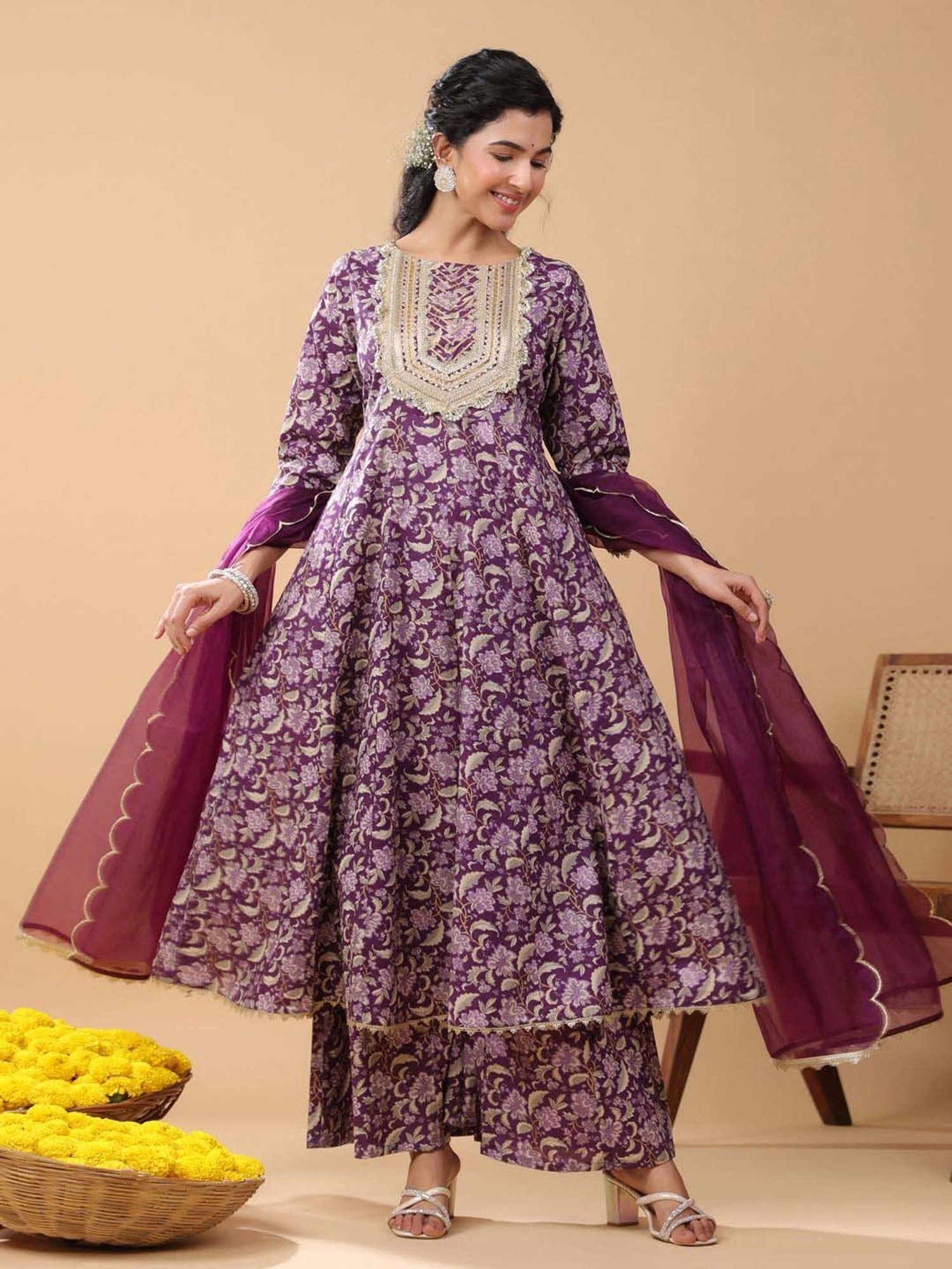 Janasya Purple Cotton Floral Print Kurta With Palazzo & Dupatta