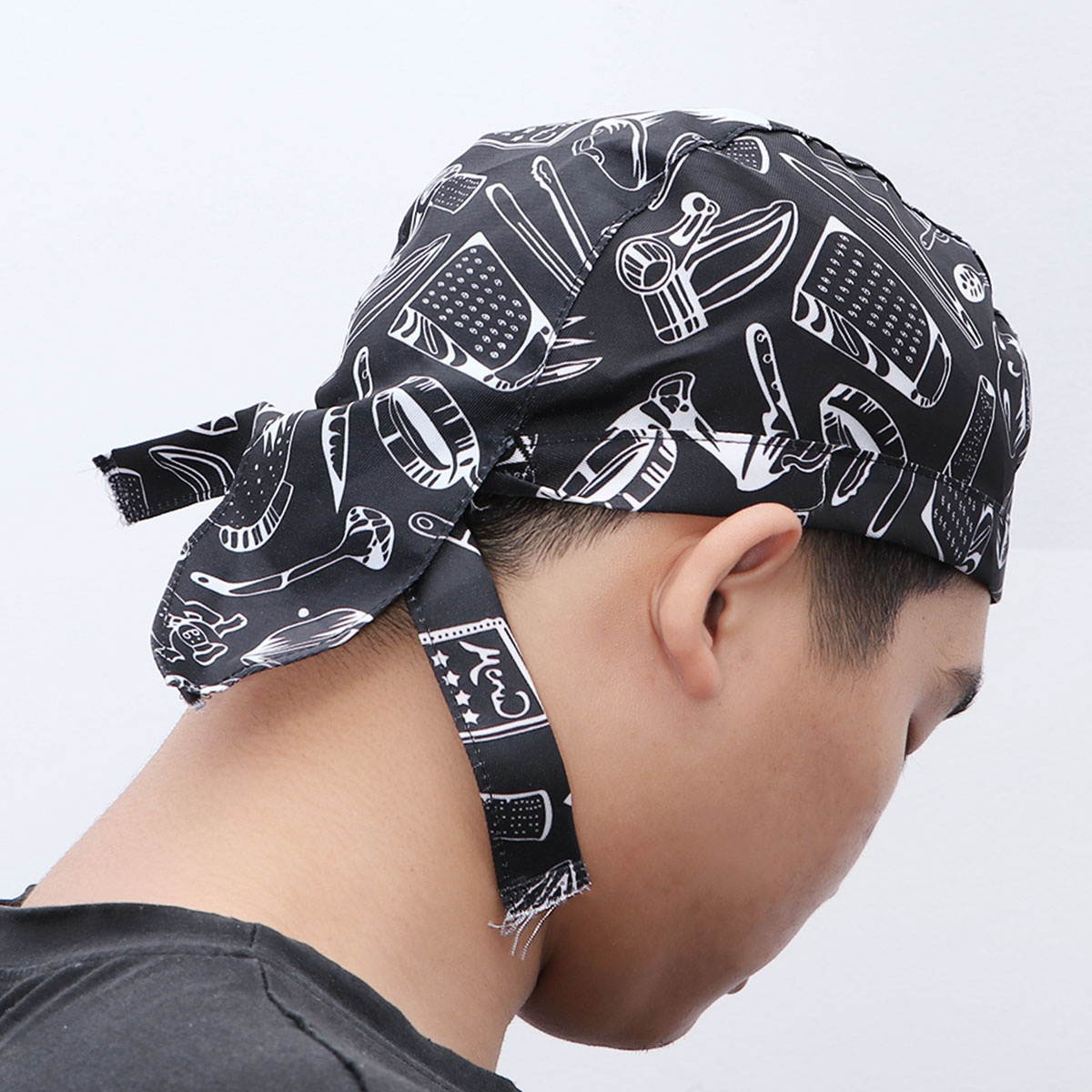 Fashion Cutlery Style Chefs Hat Cap Kitchen Catering Skull Cap Ribbon Cap Turban (Black+White)