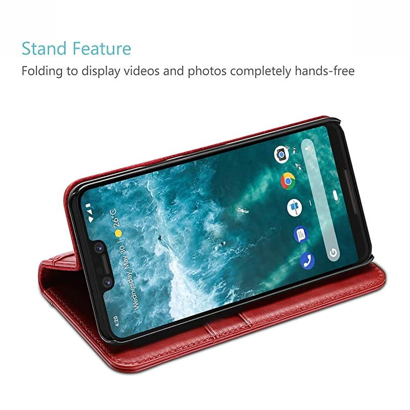 Genuine Leather Case for Pixel 3 XL, Vintage Wallet Folding Flip Case with Kickstand Card Holder Protective Cover for Google Pixel 3XL (2018 Release) -Red