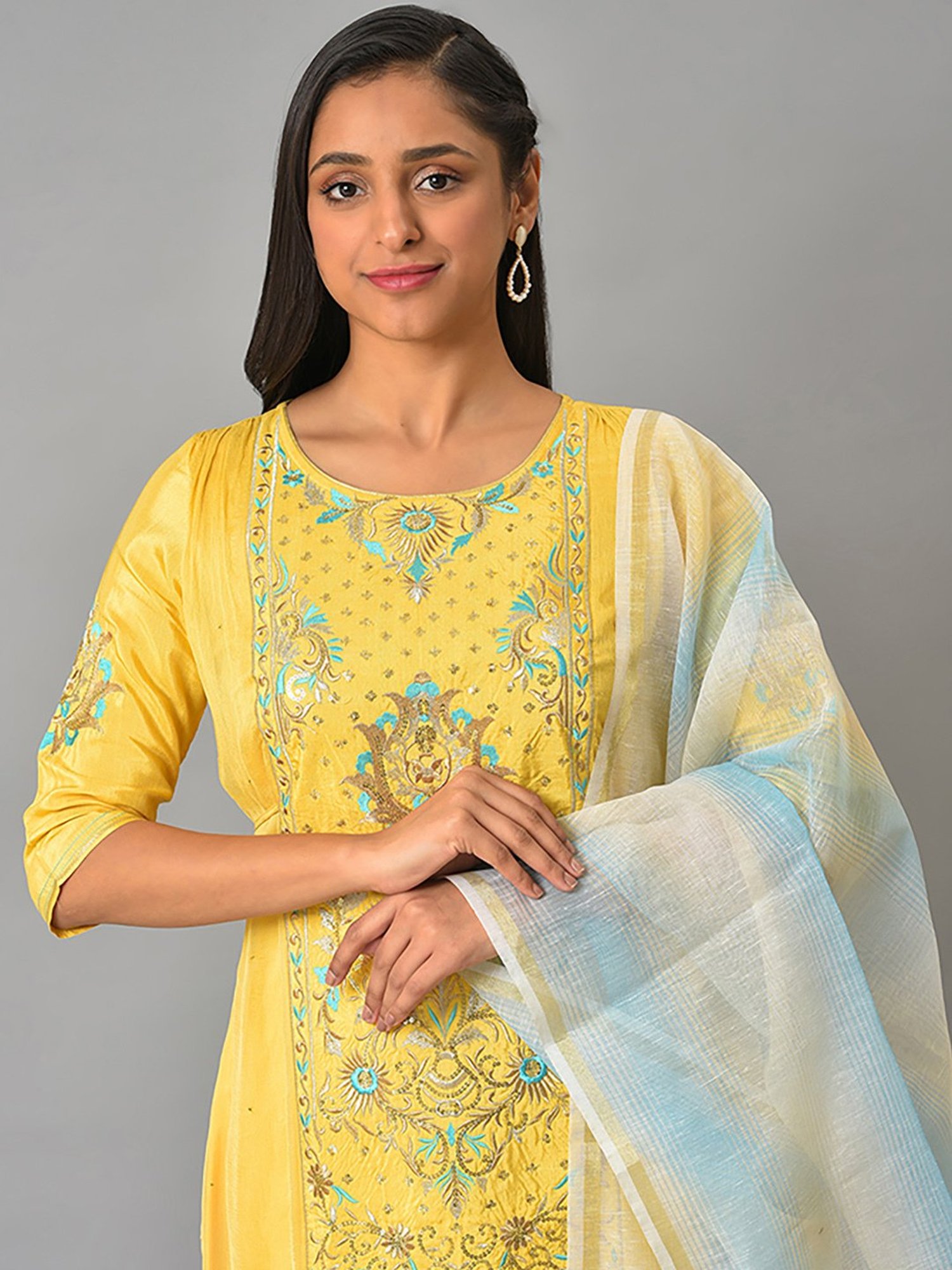 Aurelia Women Yellow Floral Print Viscose Blend Kurta Set with Trousers & Dupatta