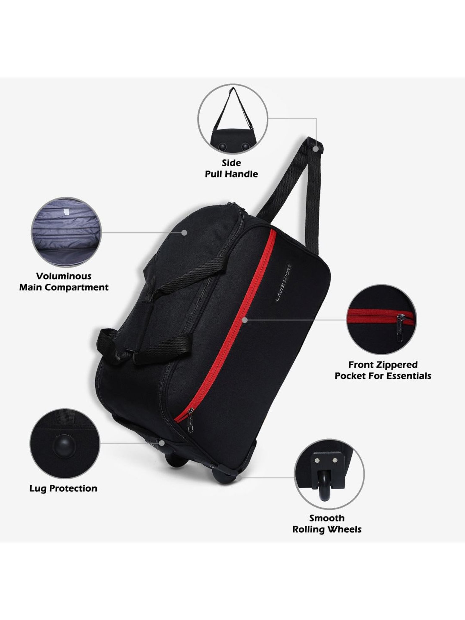 LAVIE SPORT Lino Black 2 Wheels Medium Duffle Trolley Bag - 53 cm
