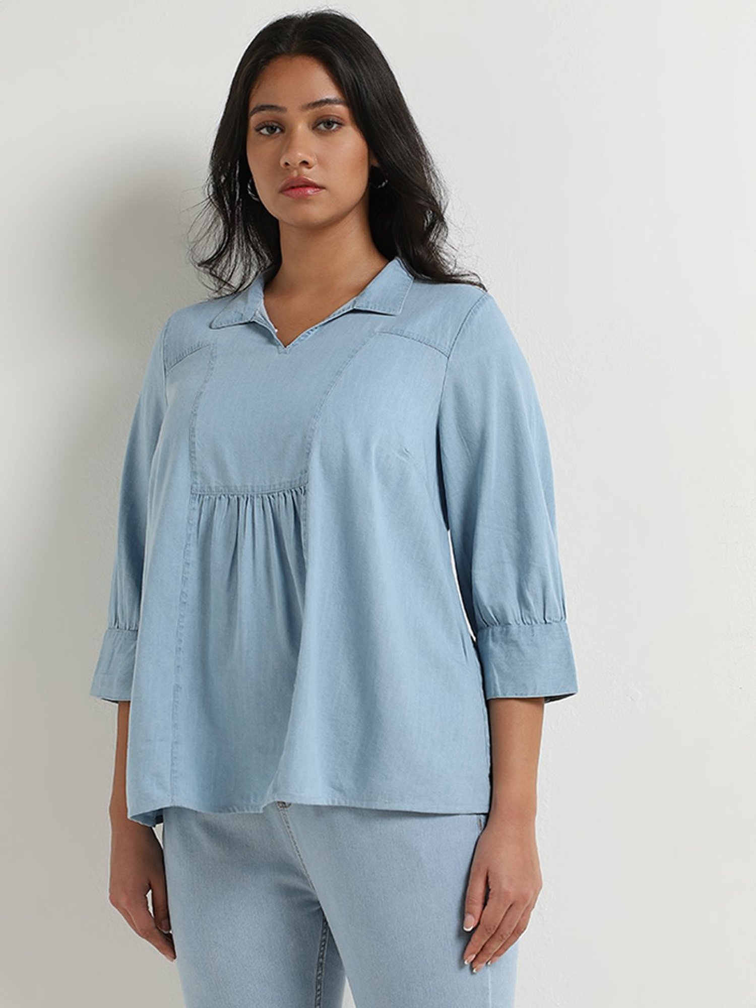 Gia by Westside Light Blue Chambray Cotton Blouse