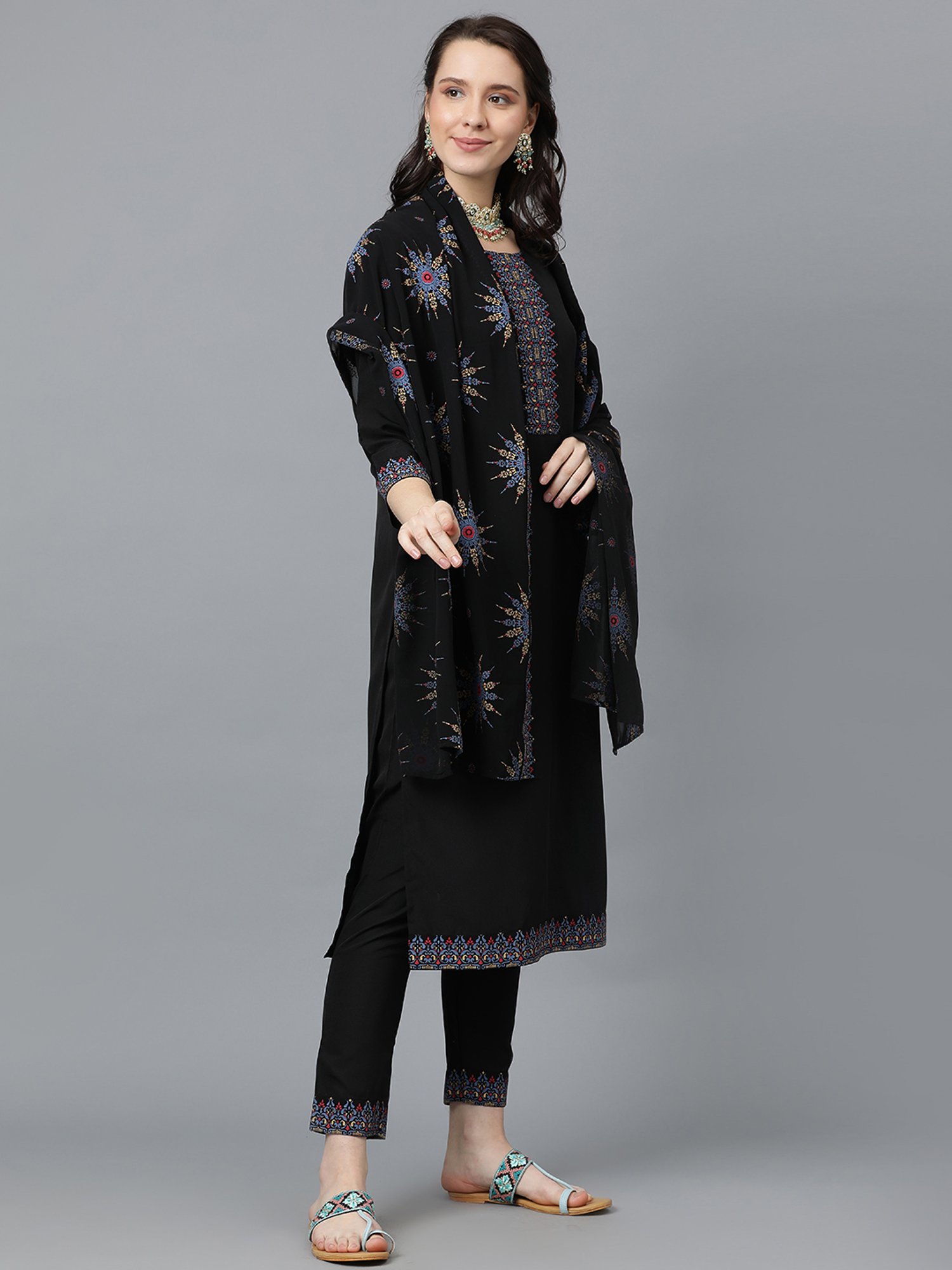 Ziyaa Black Printed Kurta With Pant & Dupatta