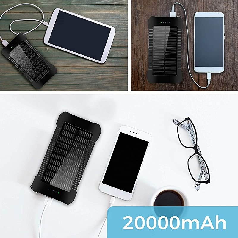 Solar Phone Charger 20000mAh Portable Power Bank Waterproof Battery Packs with Dual Ports Compass Flashlight for Camping Solar Panel for SmartphonesGoPro CameraGPS and Other Devices