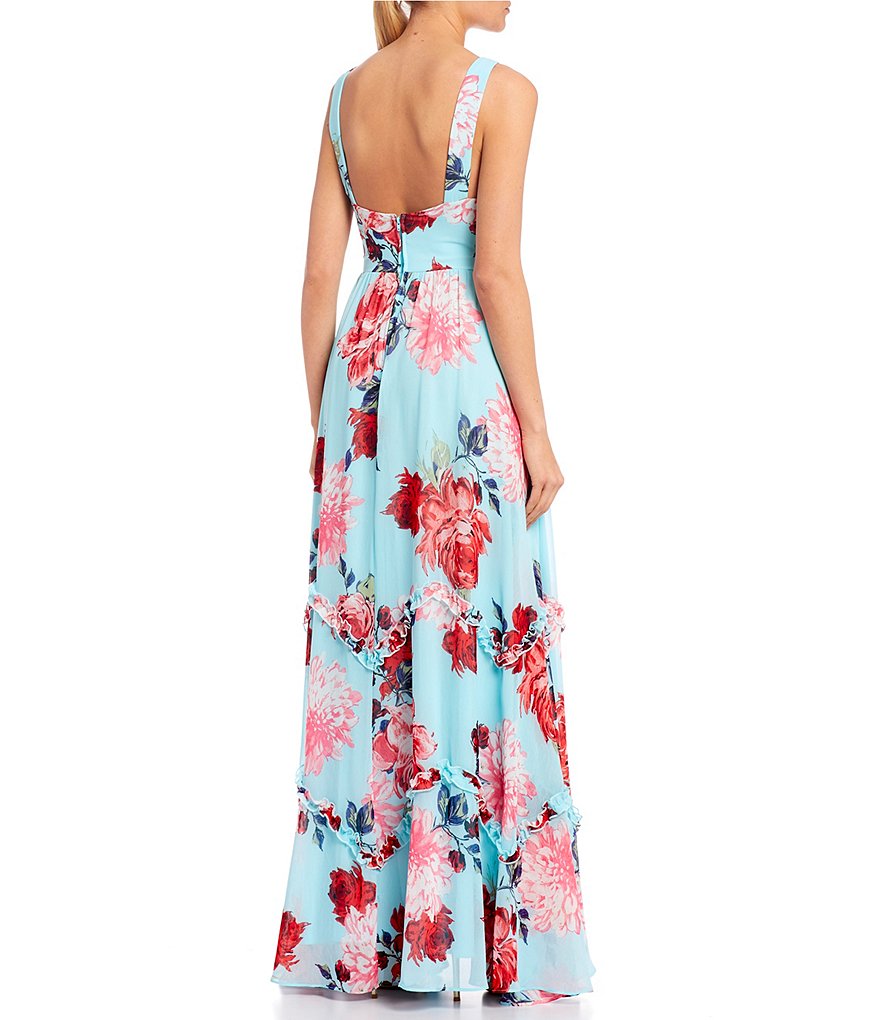 Midnight Doll Floral Chiffon Beaded Waist Long Dress