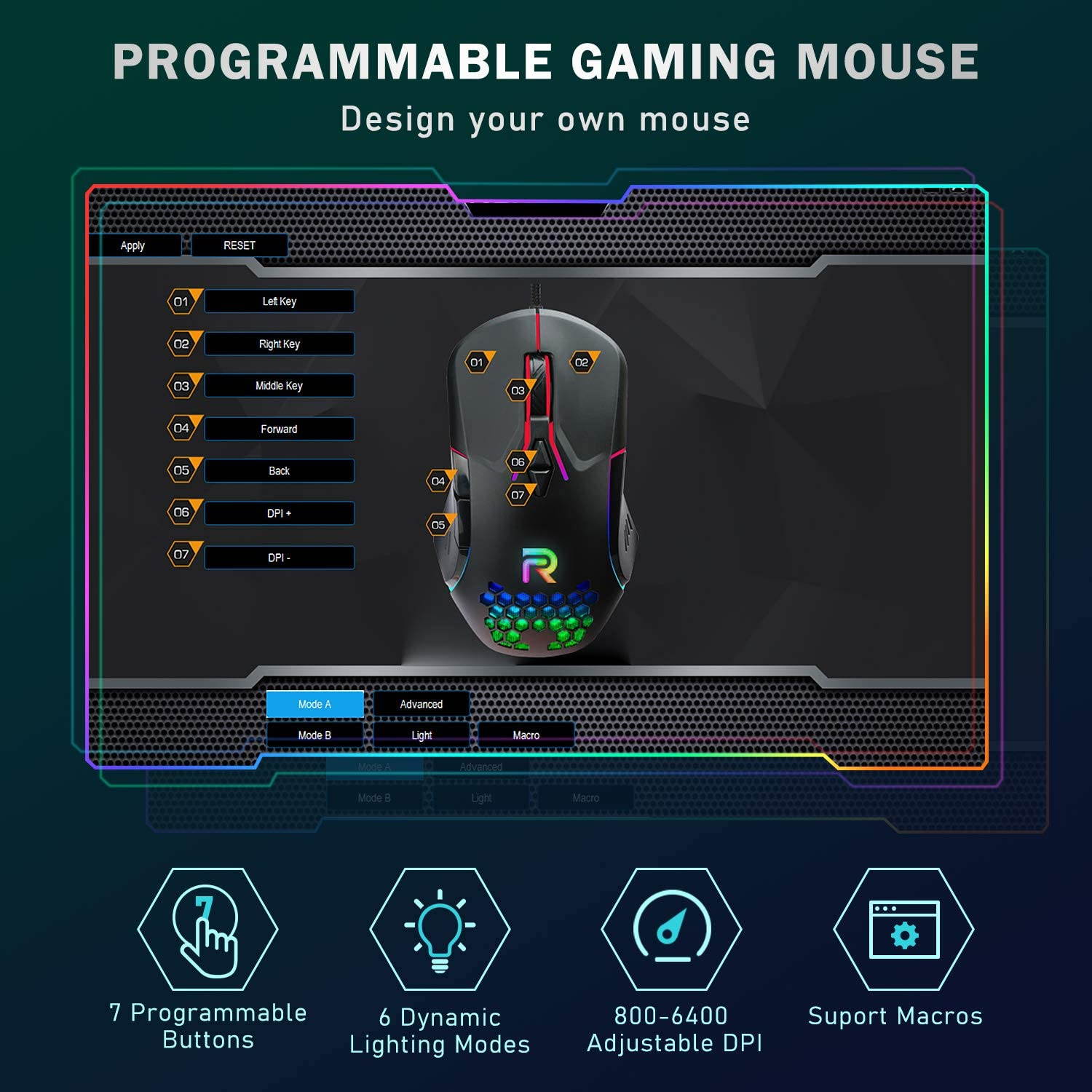 Updated Gaming Mouse with 7 Programmable Buttons, Chroma RGB Backlight Gaming mice, 6400 Adjustable DPI, Ergonomic USB Computer Mouse, High Precision Sensor for Windows PC & Laptop Gamers