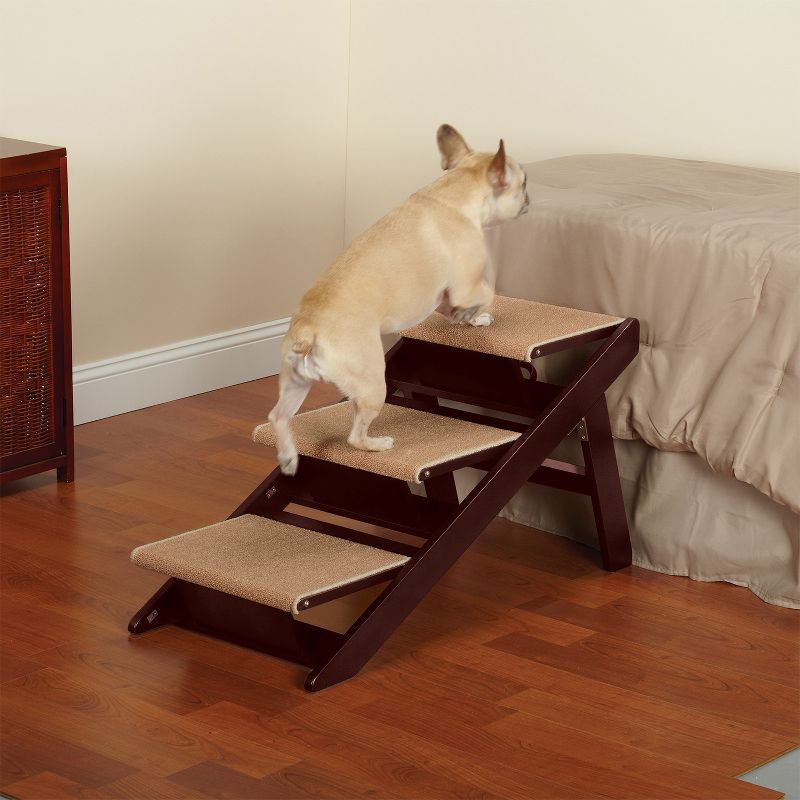 Pet Studio Convertible Foldable Dog Ramp with 3 Non Slip Carpeted Steps and Durable Pine Frame, Mahogany Brown Finish