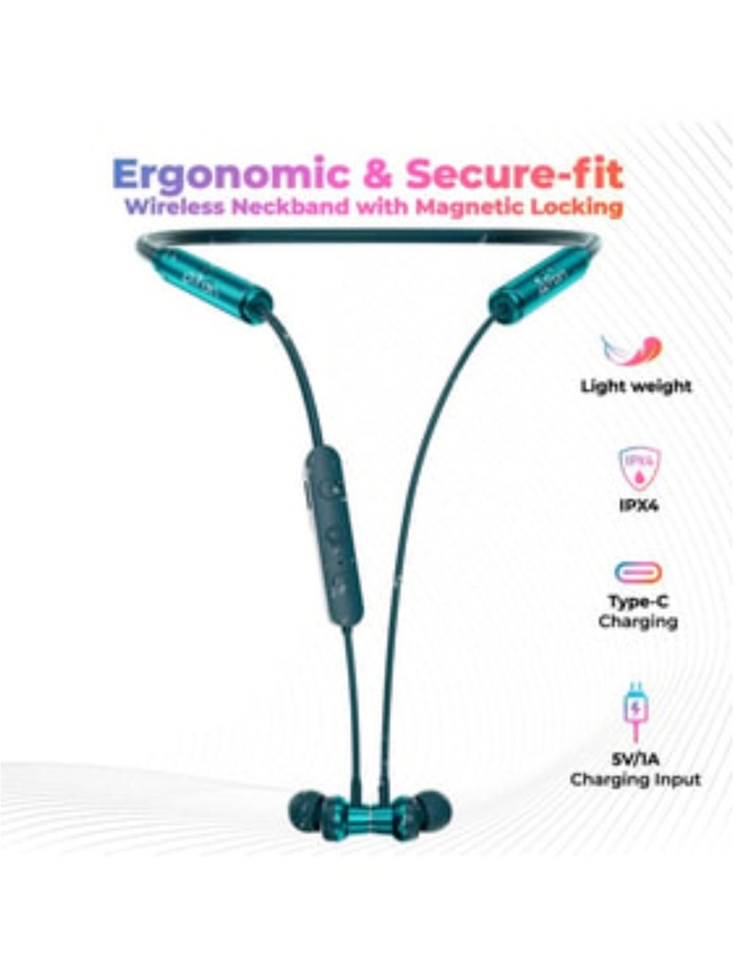 PTron Tangent Urban with 60 Hours Playtime, Wireless Bluetooth 5.3 Neckband, Type-C Charging (Green)