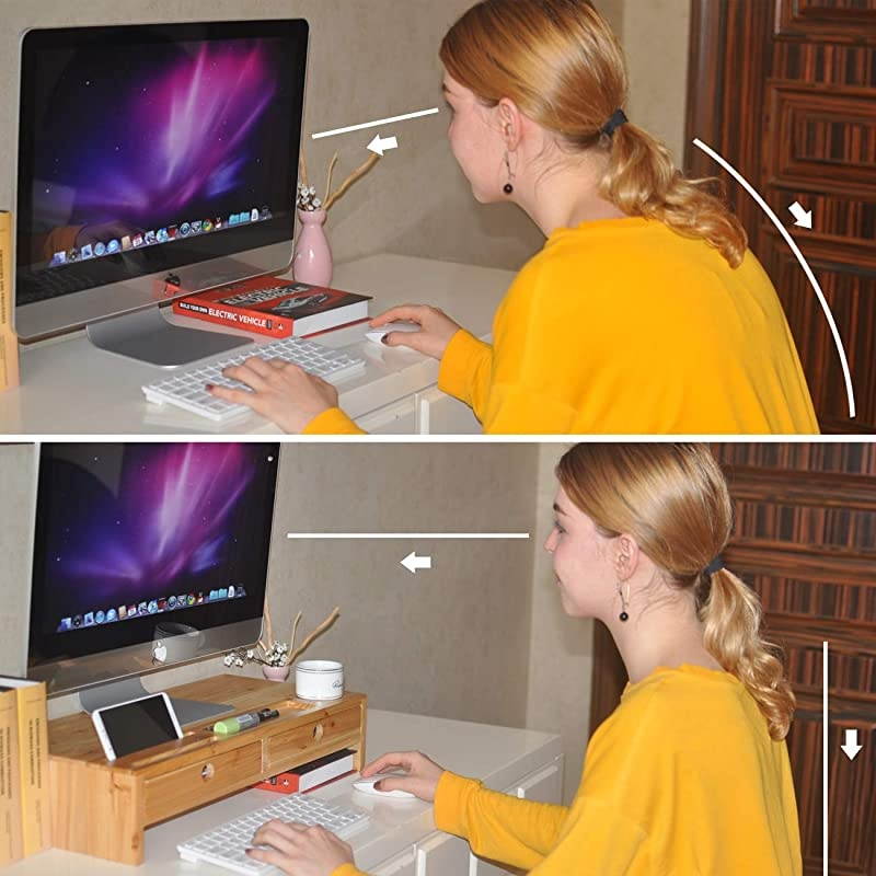 Monitor Stand Desk Organizer &ndash; Assembled Green Wood Screen Laptop Printer Riser with Drawers 22.05L 10.60W 4.70H Inch