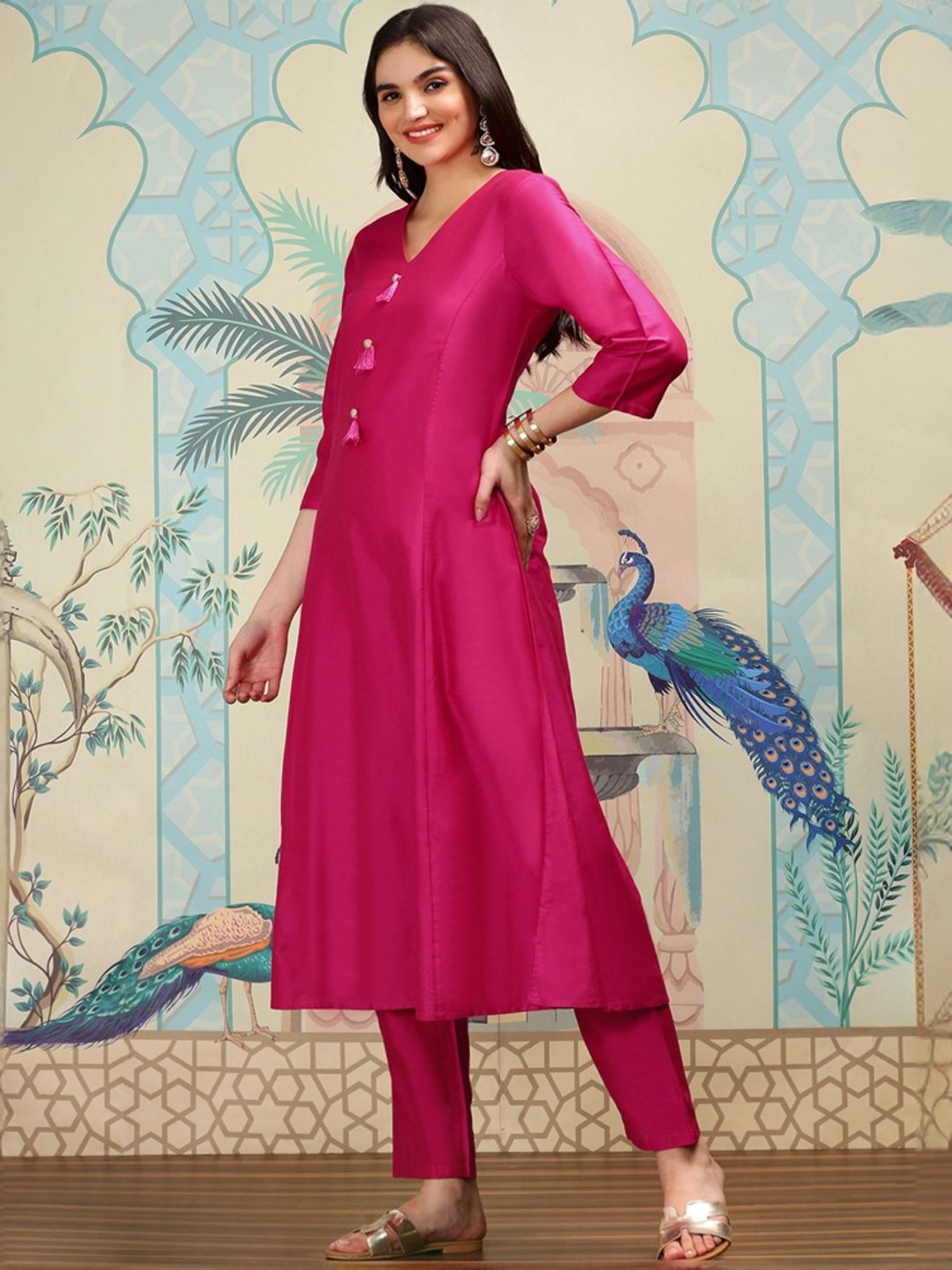 Ishin Pink Plain Kurta & Pants Set with Dupatta