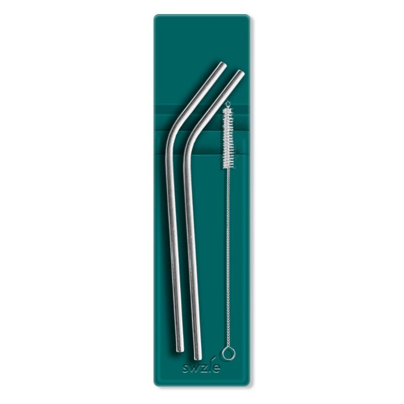 SWZLE Pack of 2 Reusable Stainless Steel Drinking Straws with Cleaning Brush and Case - Marine Green