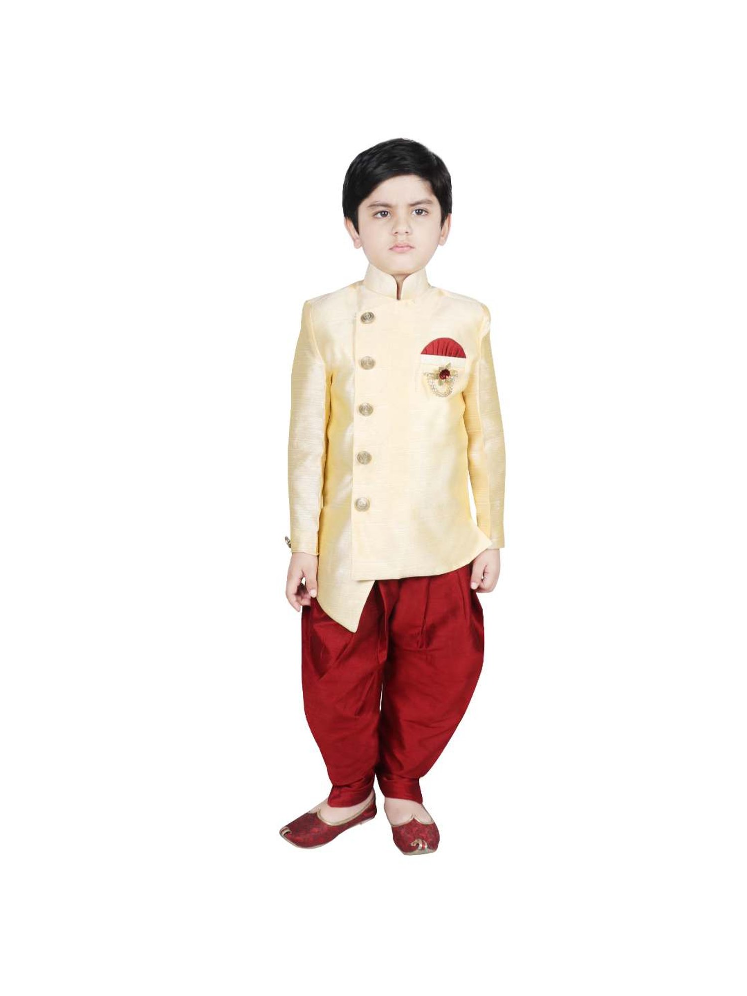 SG Yuvraj Kids Beige & Red Solid Sherwani with Pyjama