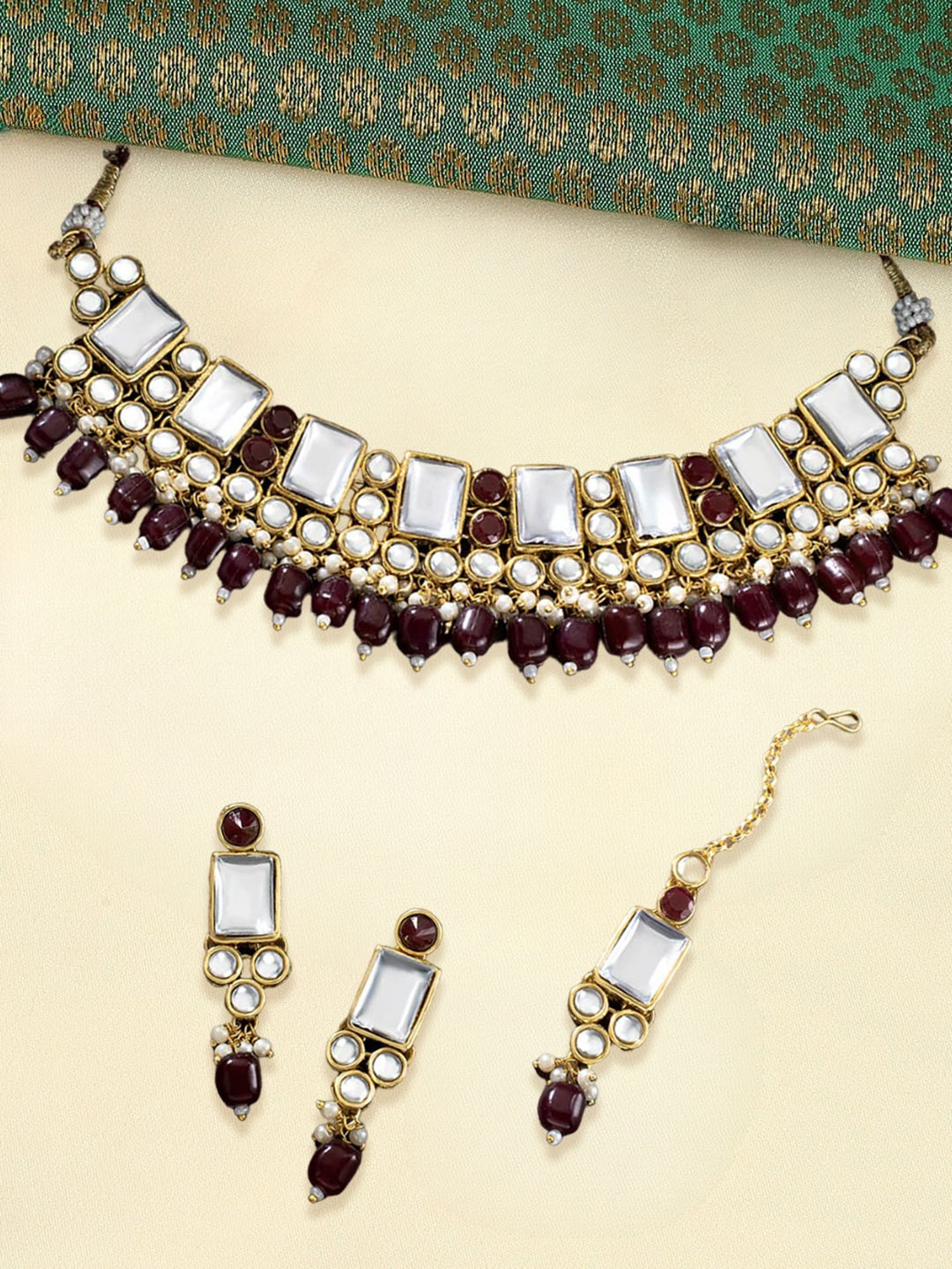 OOMPH Maroon Beads & Kundan Ethnic Choker Necklace Set with Drop Earrings & Maangtikka
