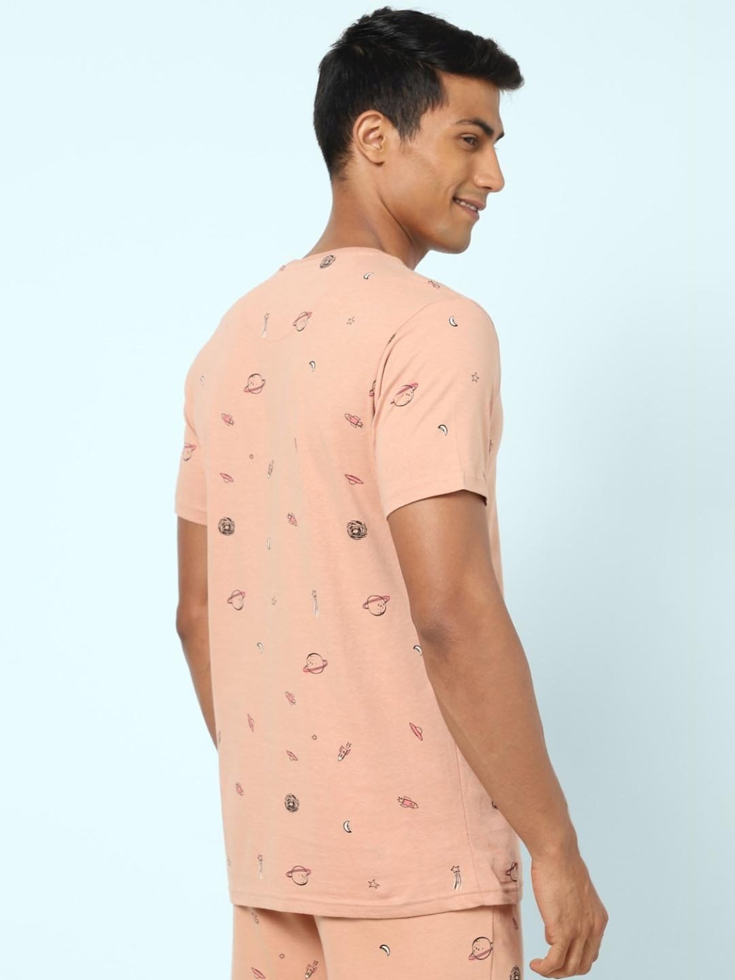 Ajile by Pantaloons Peach Cotton Slim Fit Printed Lounge T-Shirt