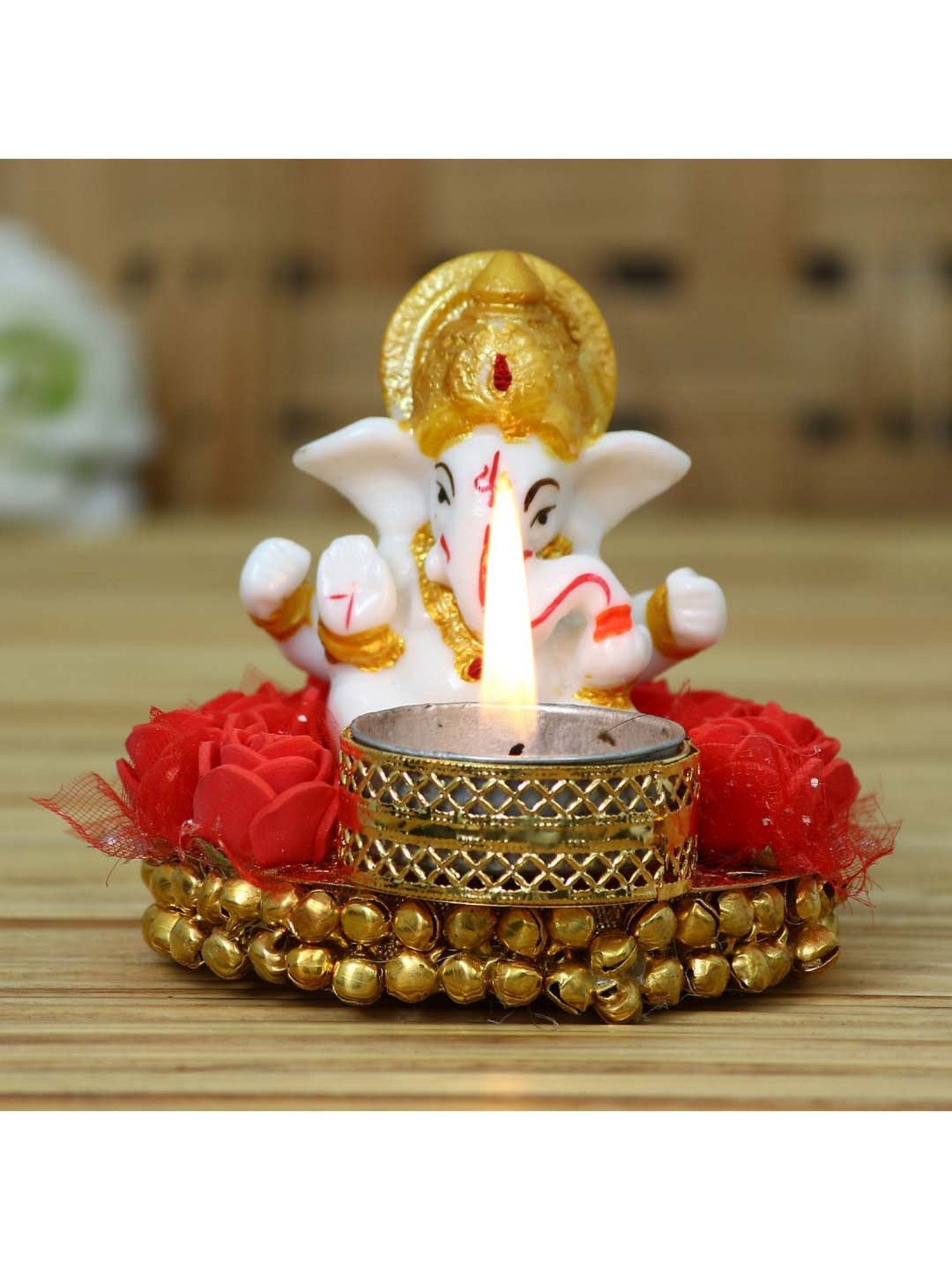 eCraftIndia Lord Ganesha Idol on Decorative Plate with Tea Light Holder