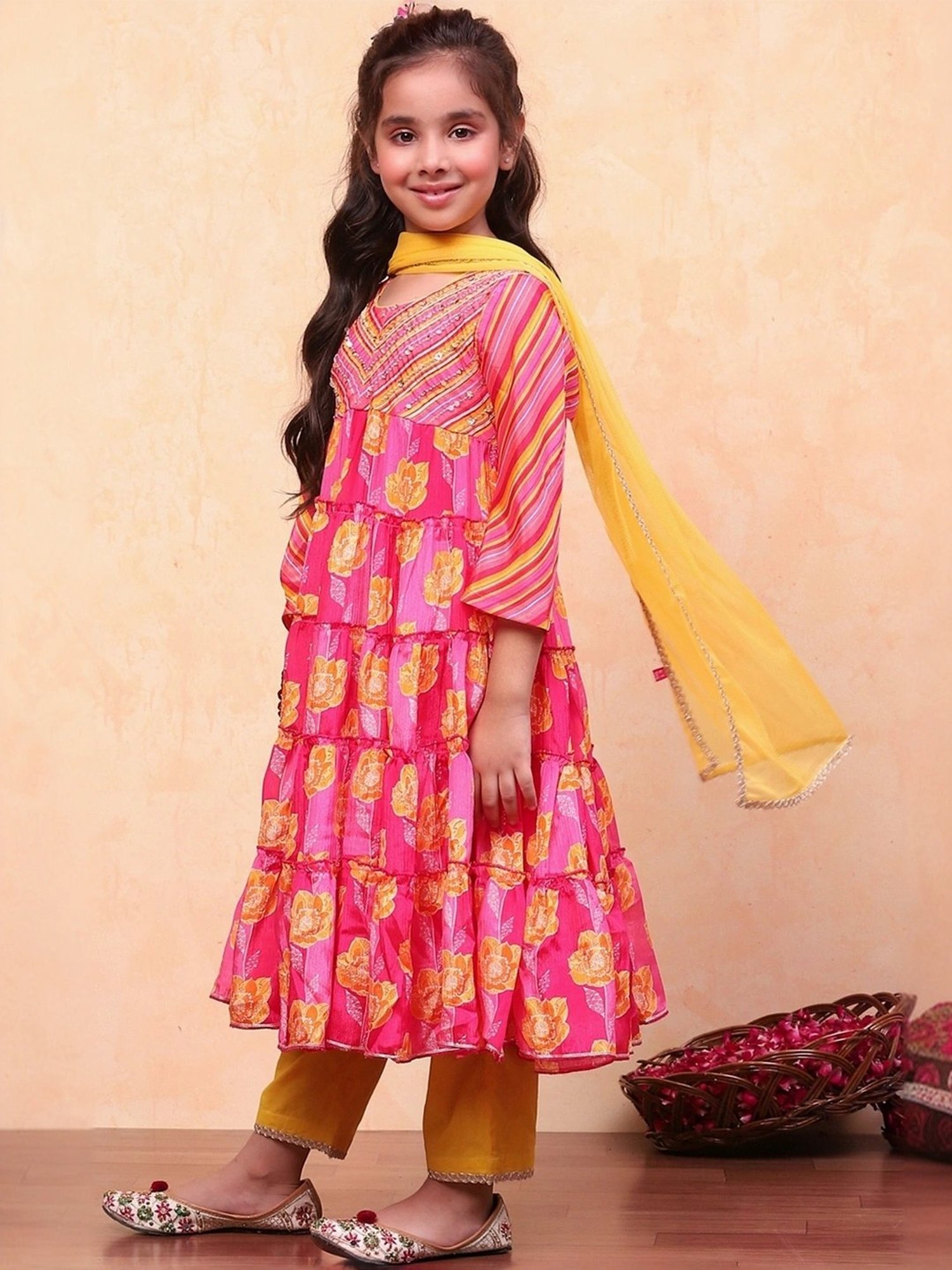 Biba Girls Pink Embellished Kurta set