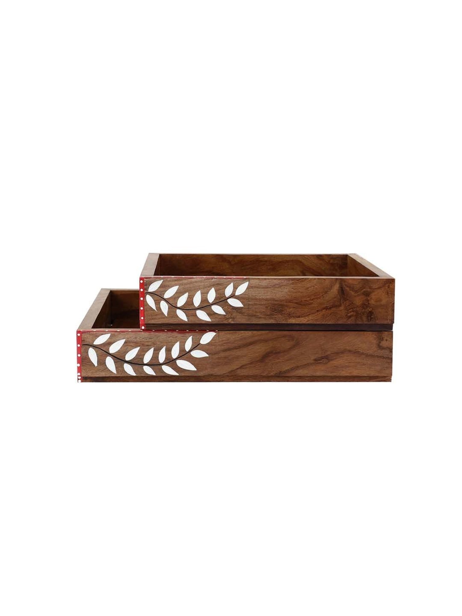 VarEesha Snow Leaf Brown Sheesham Wood Serving Tray - Set of 2