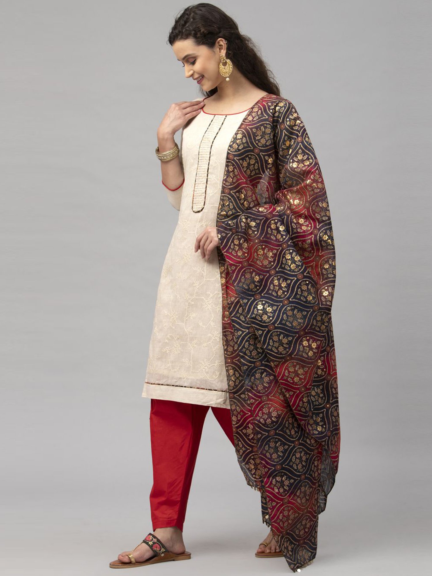 Satrani Beige & Red Embroidered Unstitched Dress Material