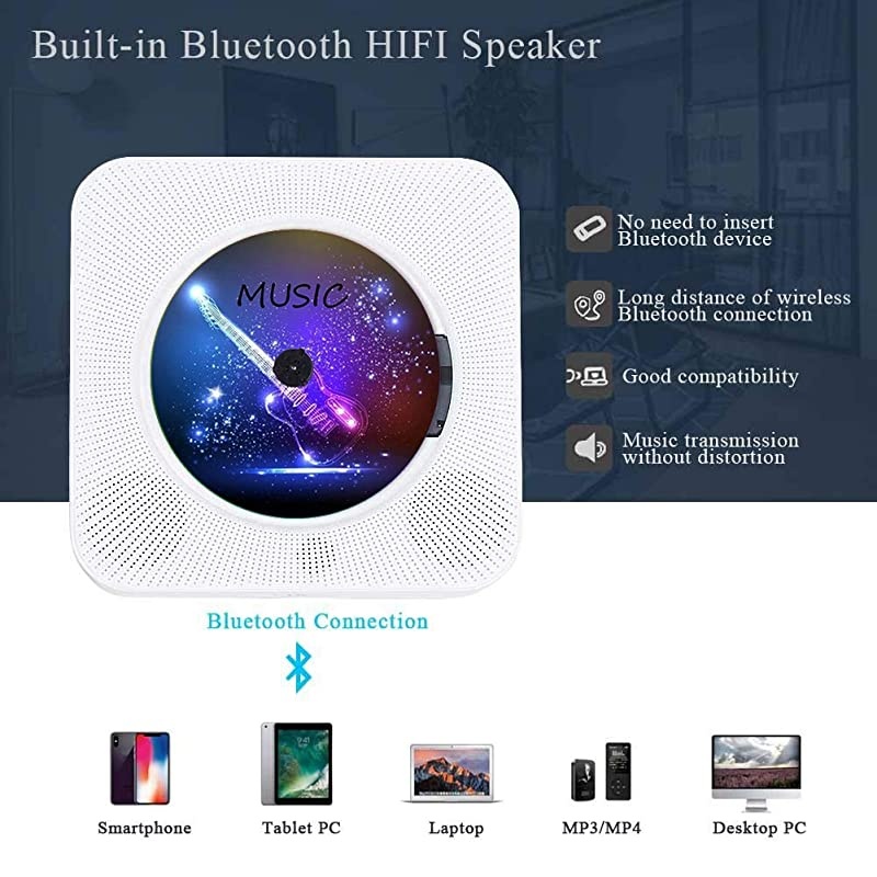 Portable CD Player Bluetooth Wall Mountable CD Music Player Home Audio Boombox with Remote Control FM Radio Builtin HiFi Speakers MP3 Headphone Jack AUX Input Output White