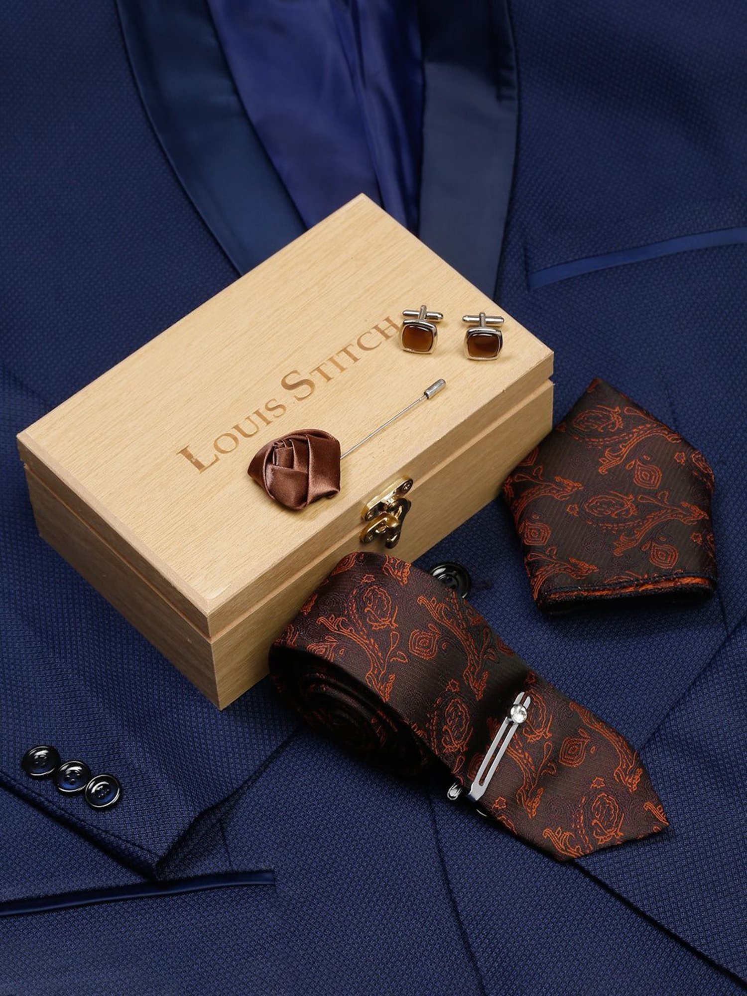 Louis Stitch Brown Embroidered Necktie Gift Set - Set of 5