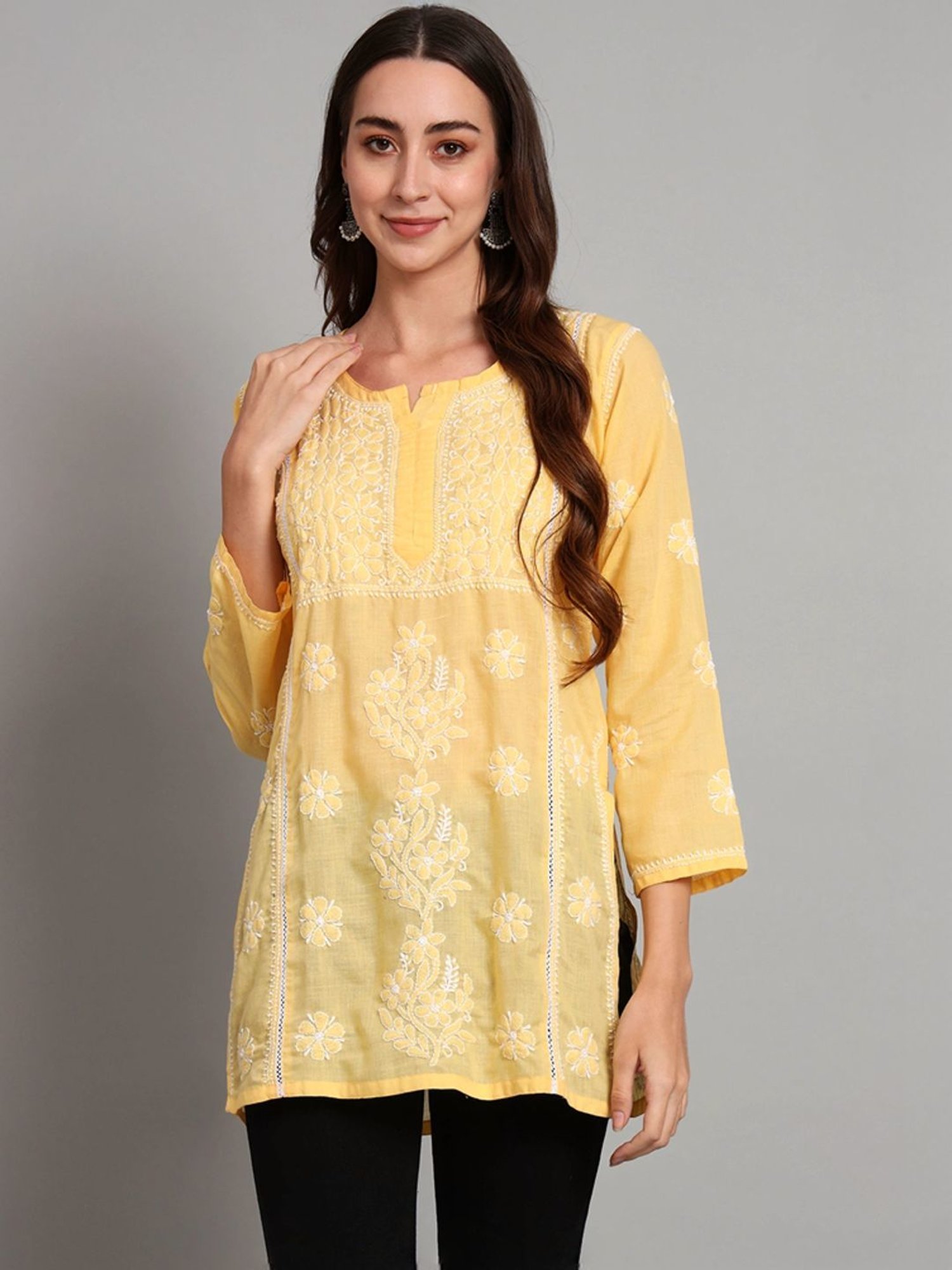 PARAMOUNT CHIKAN Citrine Yellow Cotton Hand Embroidered Chikankari Straight Kurti