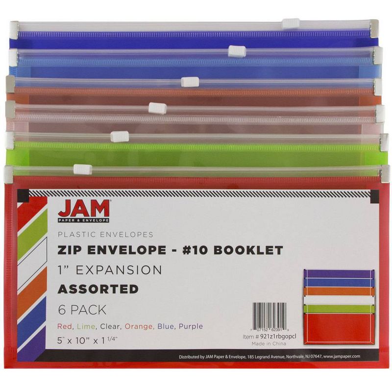 JAM Paper 5'' x 10'' 6pk Plastic Envelopes with Zip Closure - Multicolor