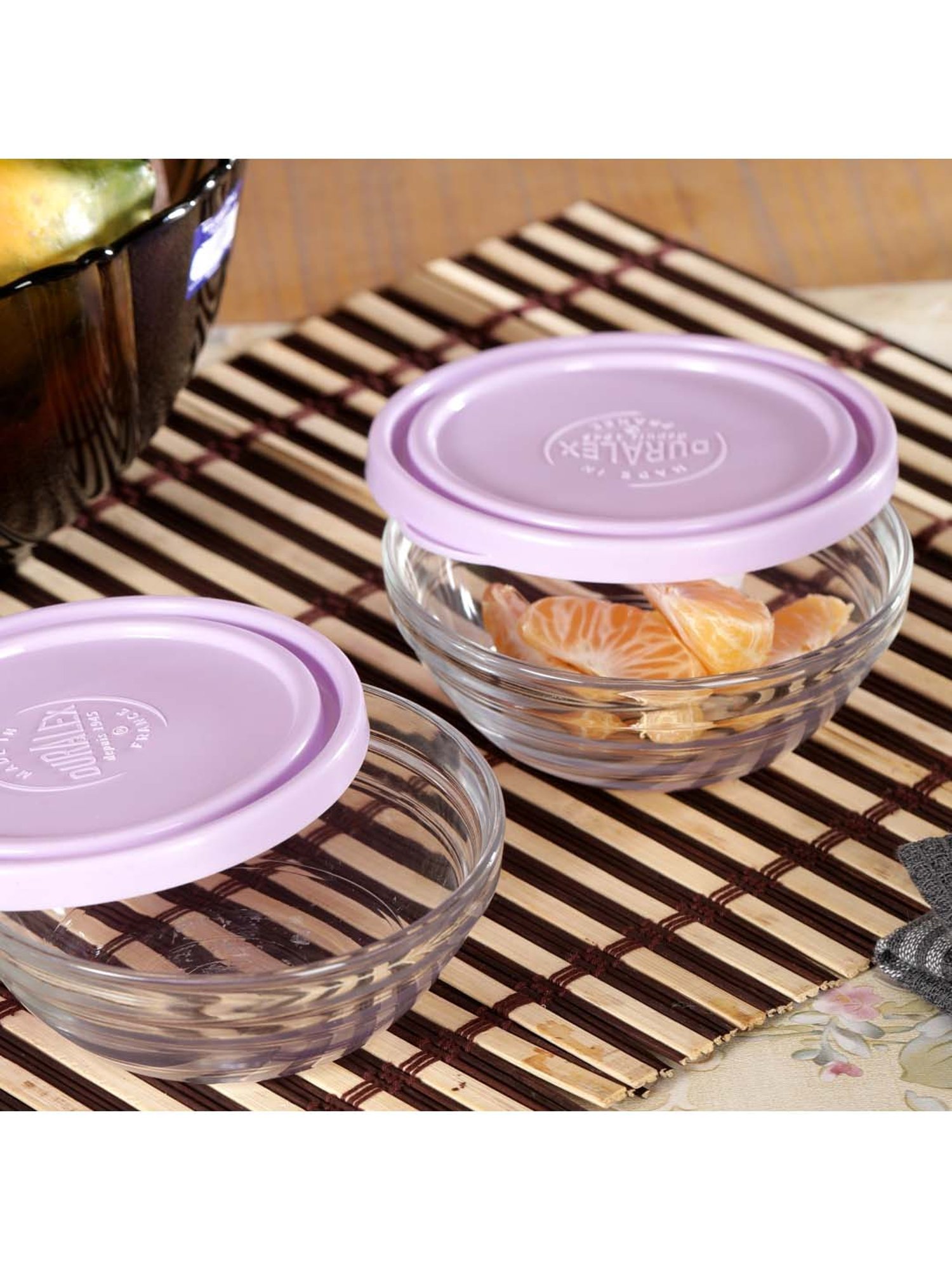 Duralex 'Freshbox' Transparent & Purple Glass 14 cm Container With Lid (0.5 L) - Set of 3