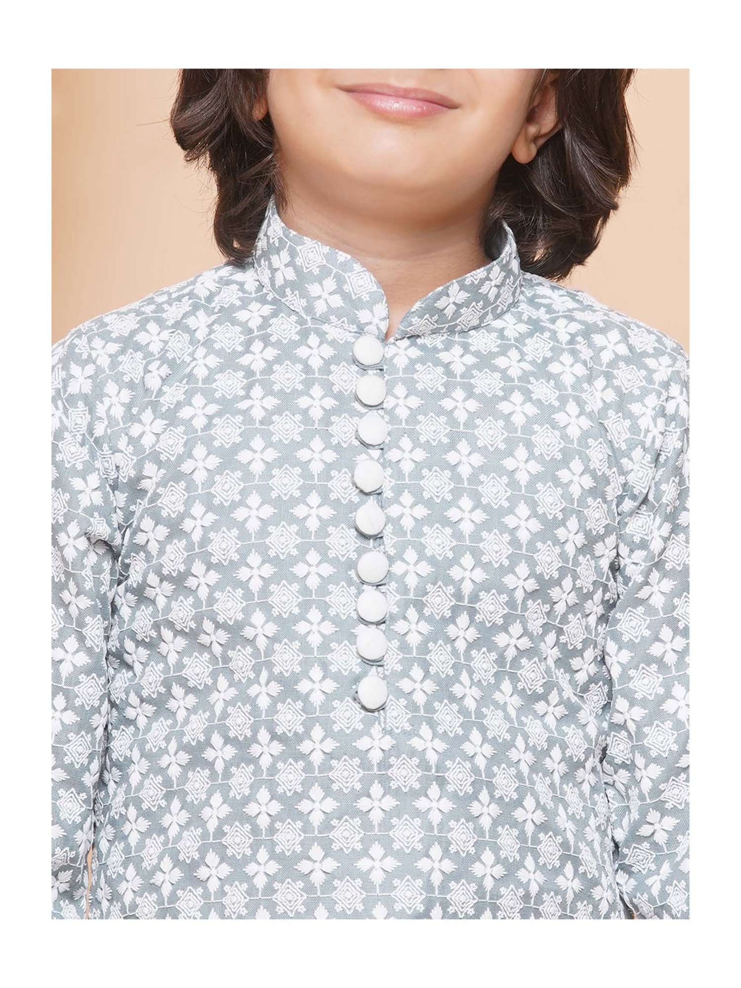 AJ Dezines Kids Grey & White Embroidered Full Sleeves Kurta with Pyjamas