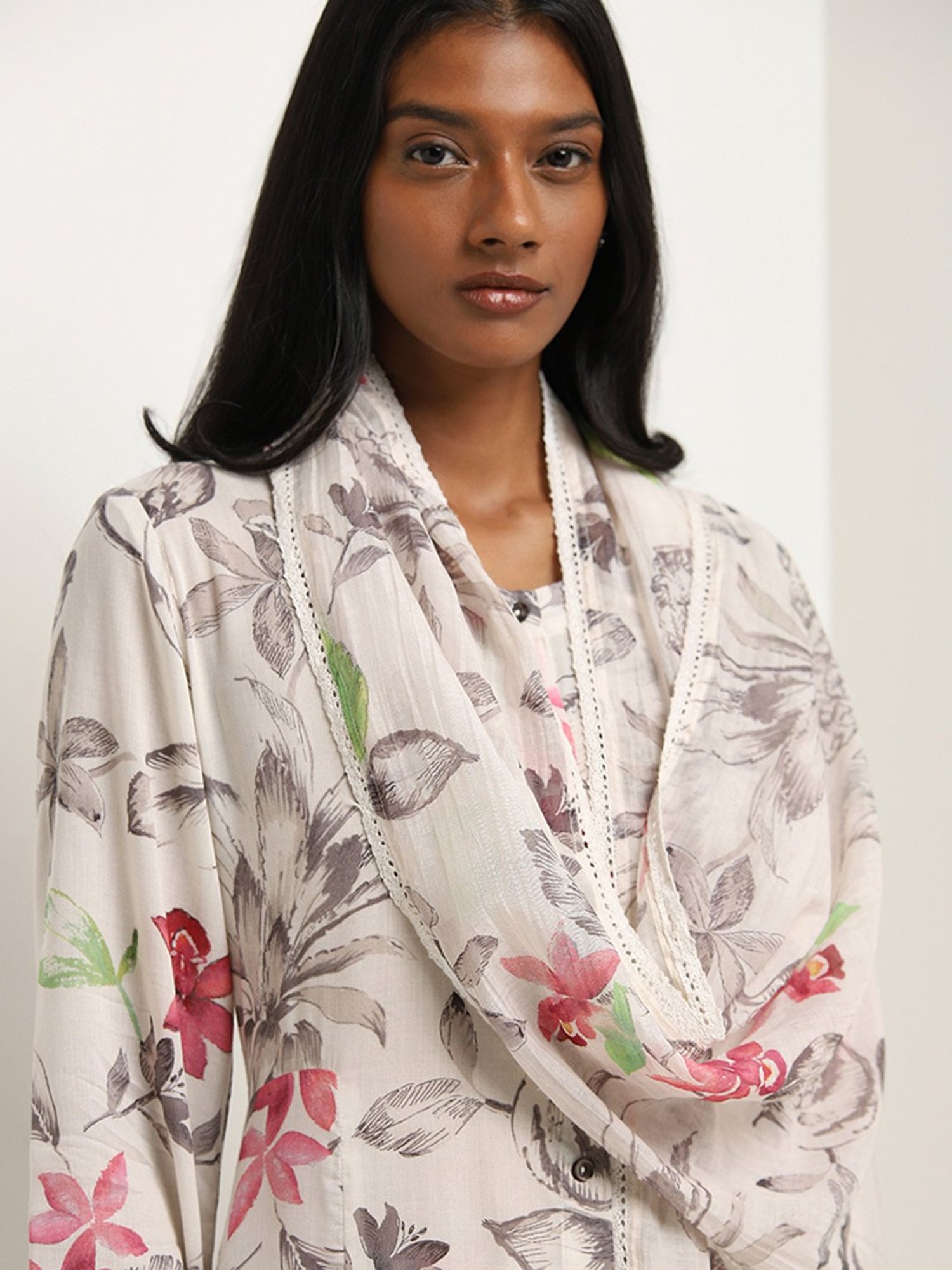 Zuba by Westside Off-White Floral Printed Dupatta