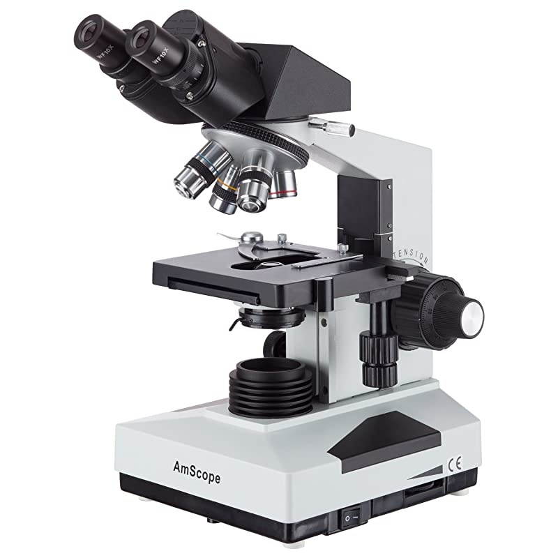 B490B Compound Binocular Microscope, WF10x and WF20x Eyepieces, 40X-2000X Magnification, Brightfield, Halogen Illumination, Abbe Condenser, Double-Layer Mechanical Stage, Sliding Head, High-Resolutio