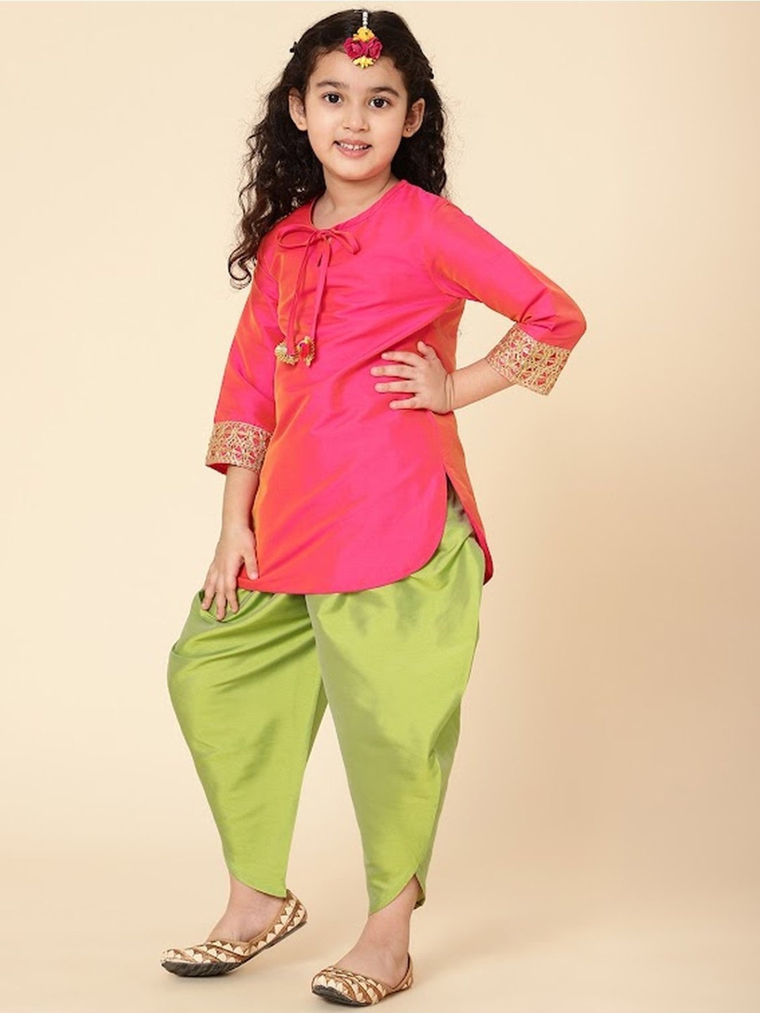 A.T.U.N. Kids Pink & Green Regular Fit Full Sleeves Kurta Set