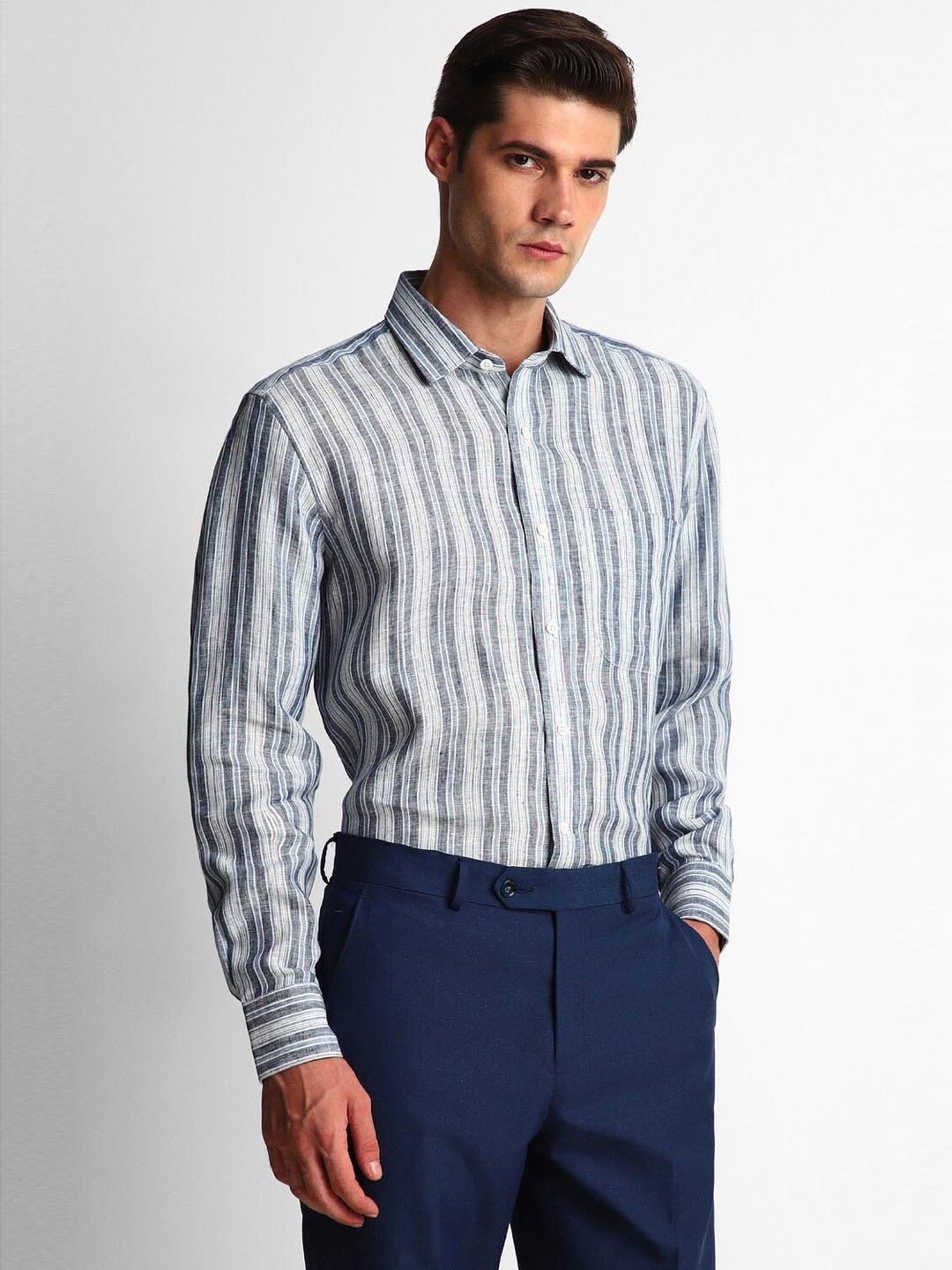 Luxure By Louis Philippe Grey Linen Regular Fit Striped Shirt
