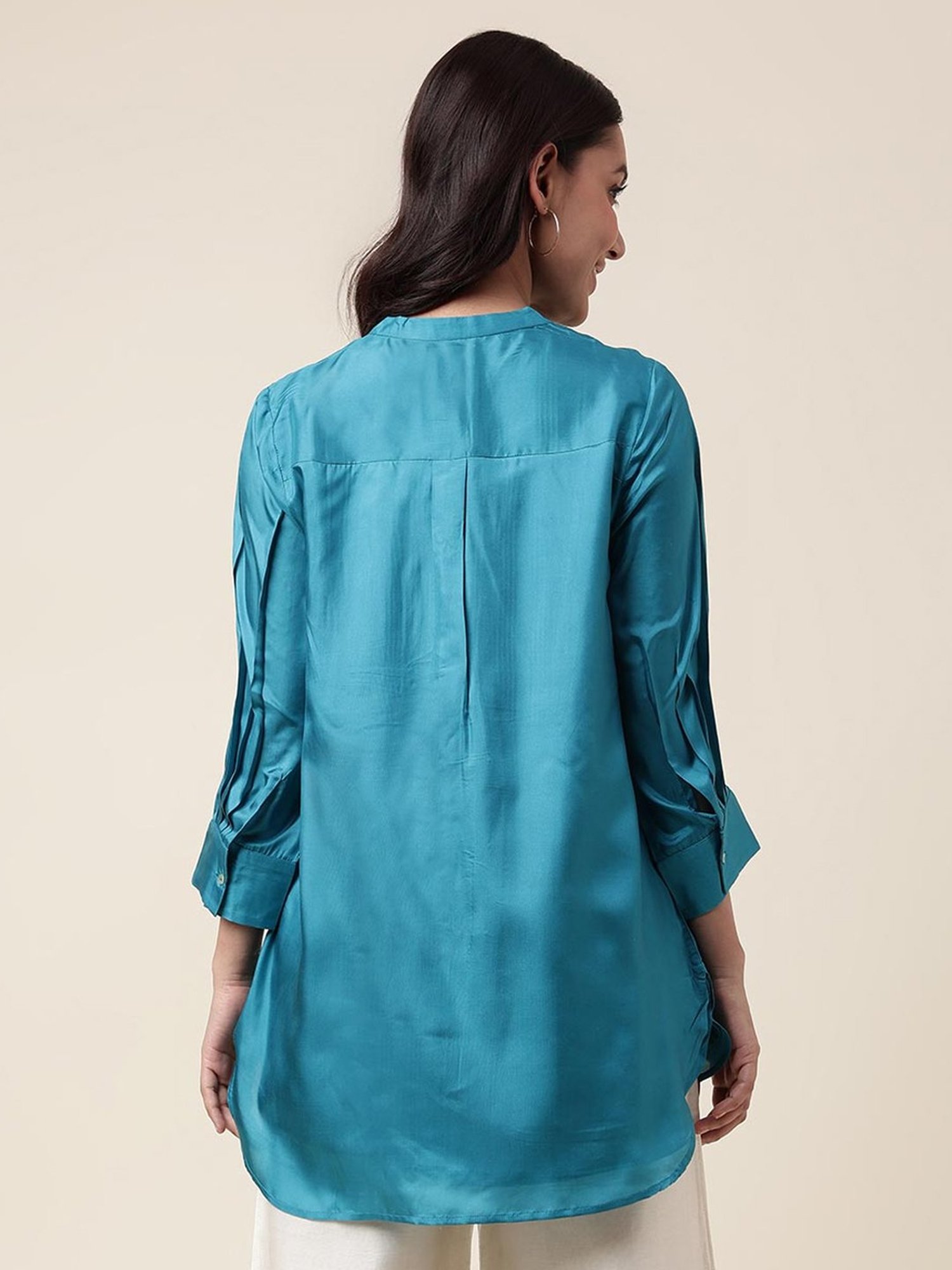 Fabindia Teal Blue Mandarin Collar Tunic