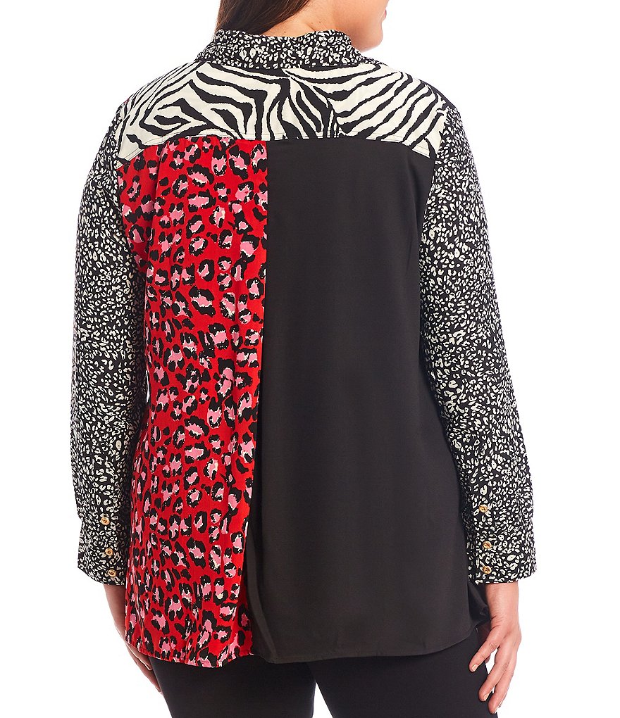 Calessa Plus Size Point Collar Neck Patchwork Animal Print Roll Tab Long Sleeve Button Front Shirt