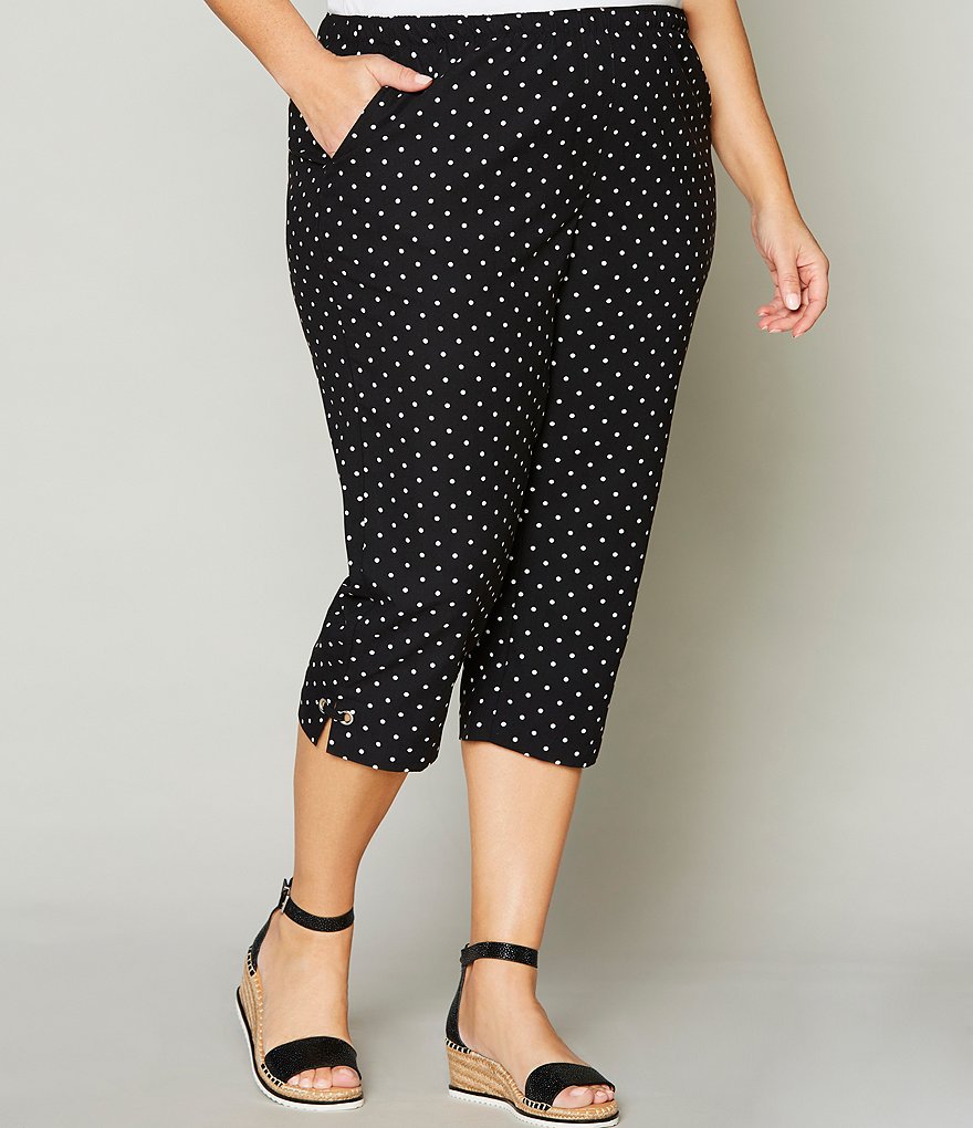 Allison Daley Plus Size Polka Dot Print Microfiber Twill Silver Ring Embellished Hem Detail Capri